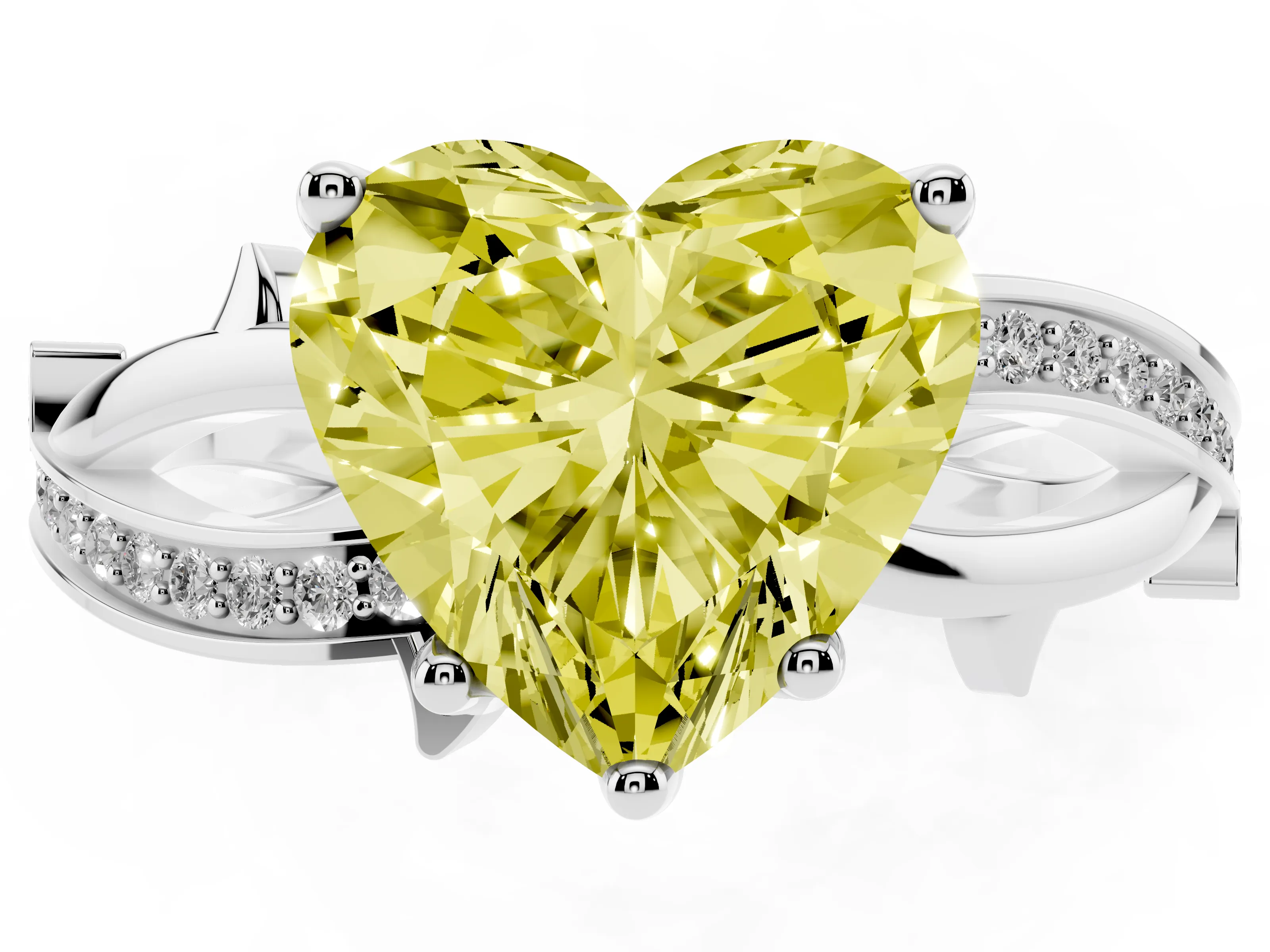 Fancy Yellow Heart Cut Diamond Pavé Twist Band Solitaire Ring Set in White gold with Prong Setting