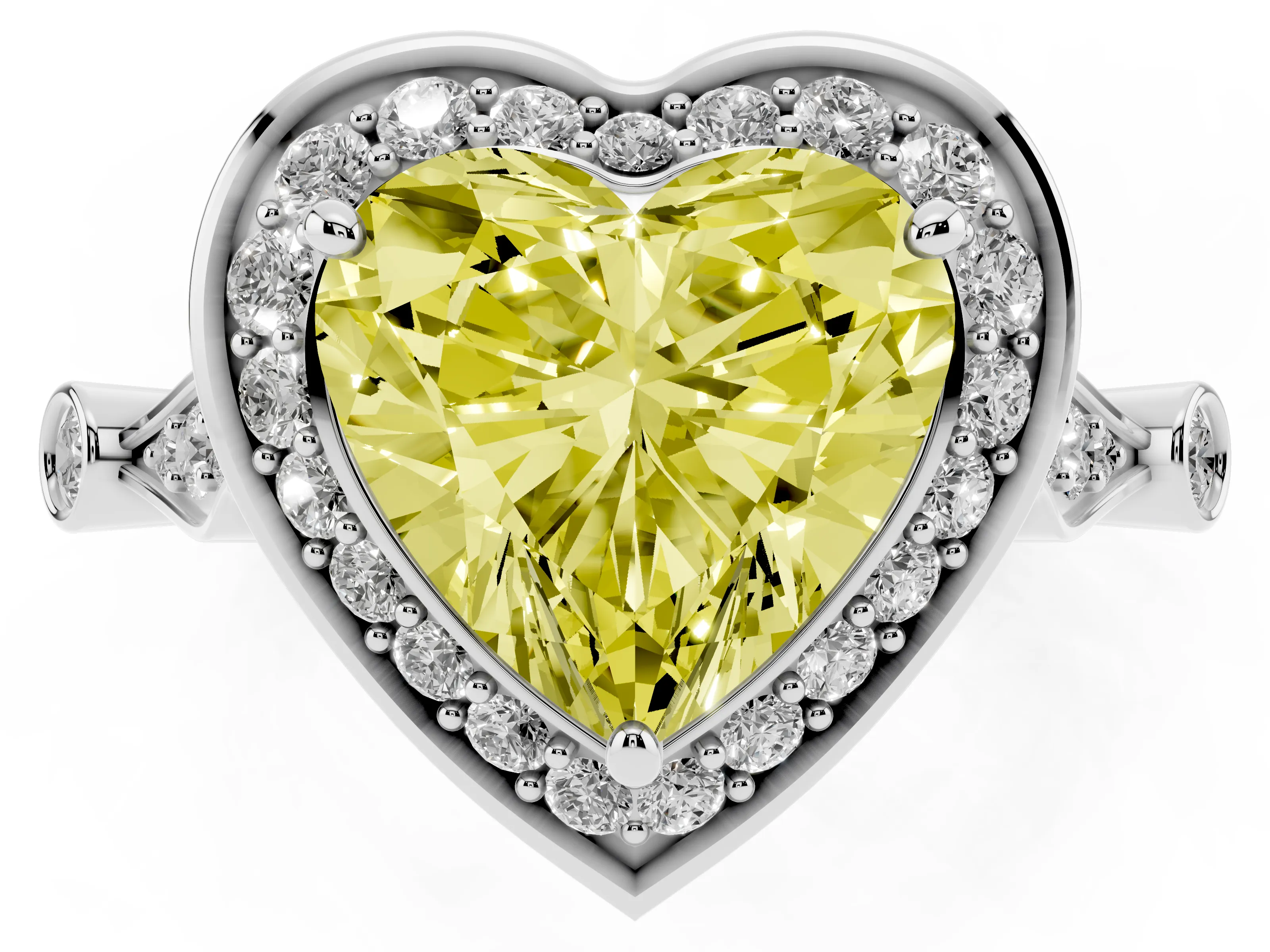 Fancy Yellow Heart Cut Diamond Halo Engagement Ring Set in Silver with Twisted Band and Prong Setting