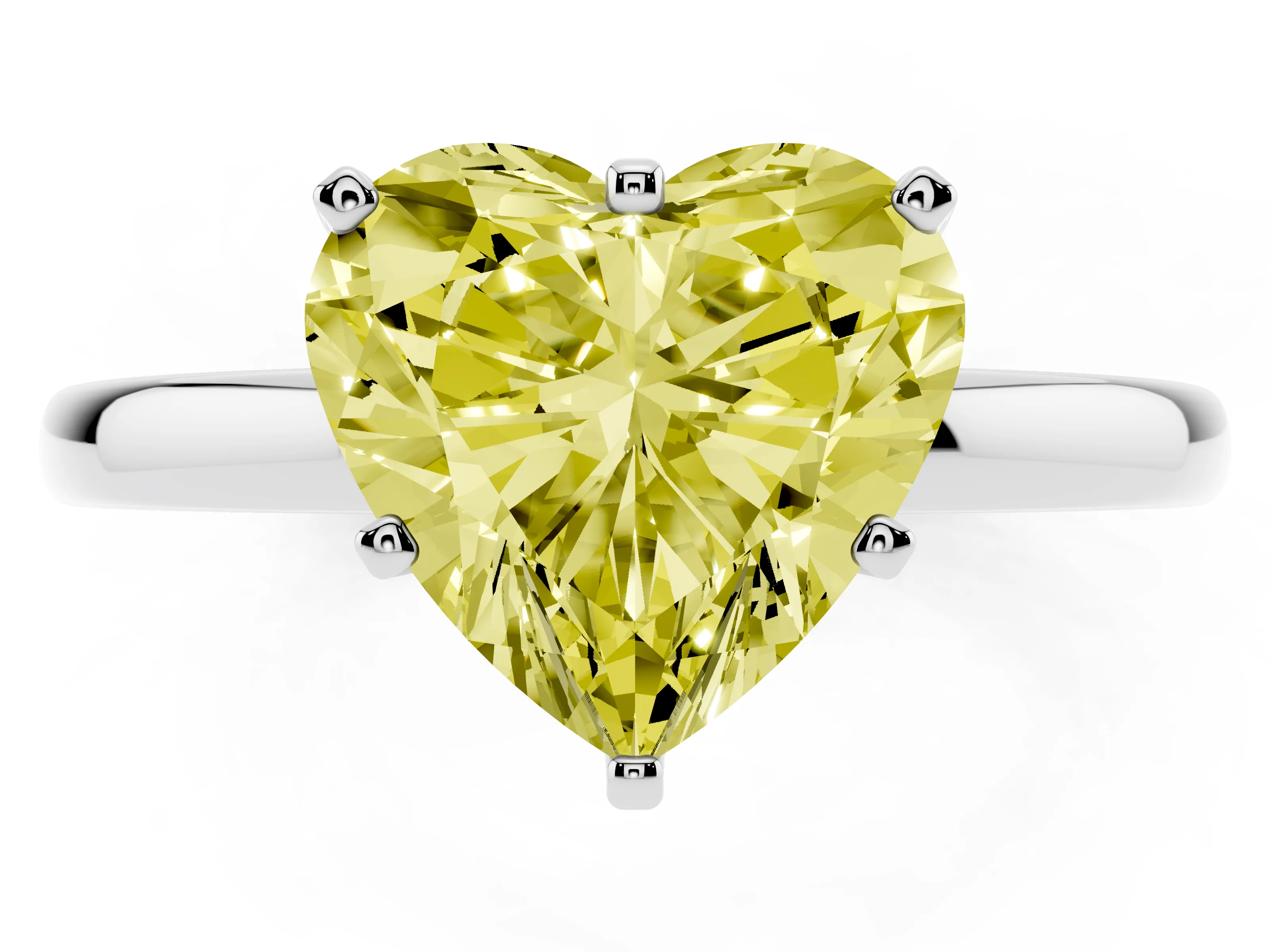 Fancy Yellow Heart Cut Diamond Solitaire Ring Set in White gold with Raised Prong Setting on a Classic Band