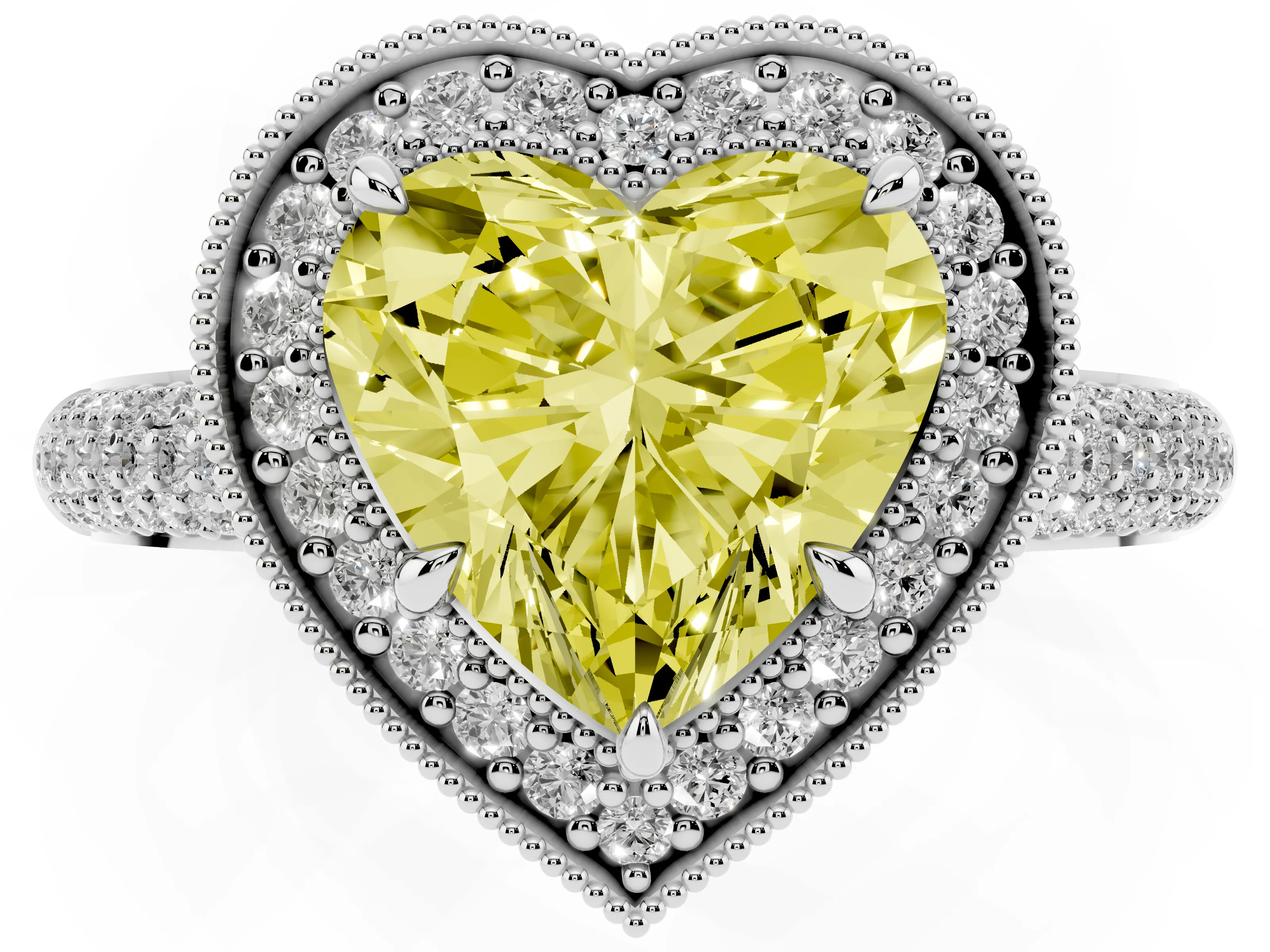 Fancy Yellow Heart Cut Diamond Halo Pavé Band Set in Silver with Prong Setting