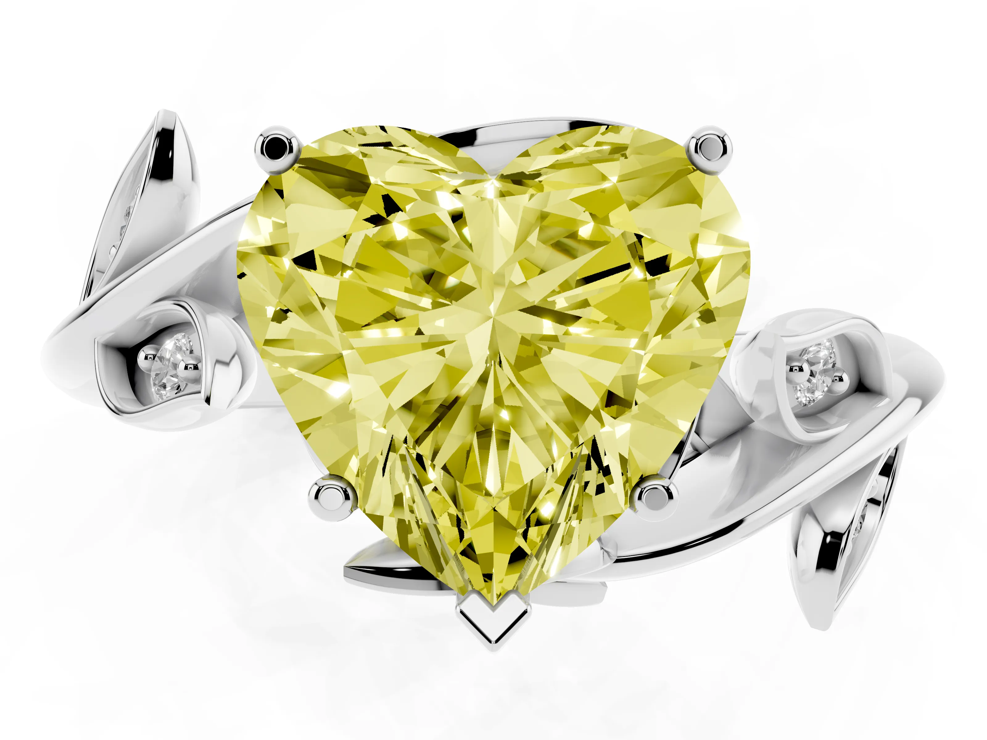Fancy Yellow Heart Cut Diamond Solitaire Twist Engagement Ring Set in Silver with Pavé Leaf Accents