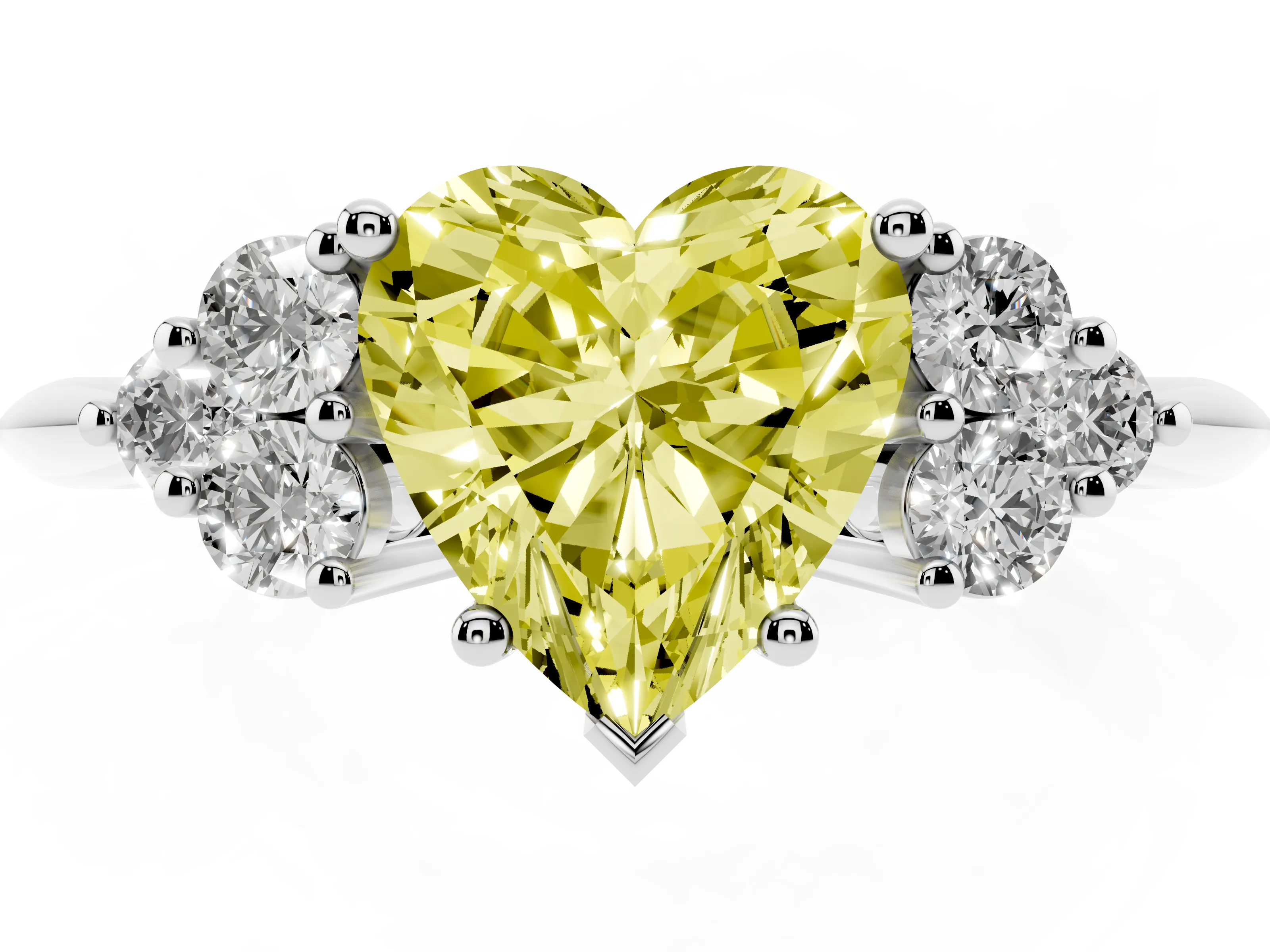 Fancy Yellow Heart Cut Diamond Cluster Ring Set in Silver with Plain Band and Prong Setting