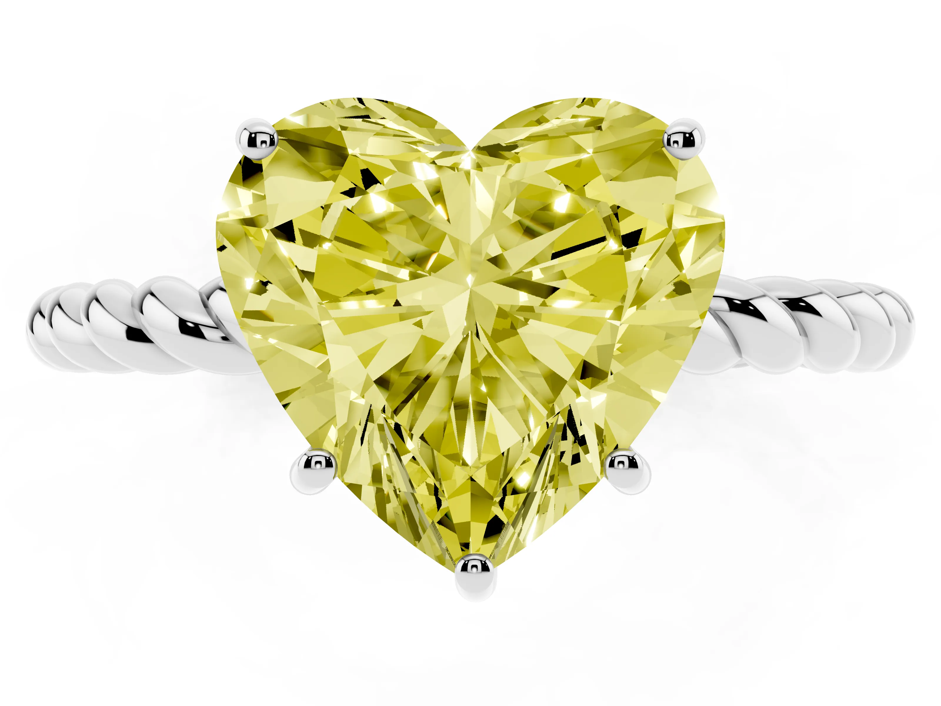 Fancy Yellow Heart Cut Diamond Solitaire Ring Set in White gold with Twist Band and Prong Setting