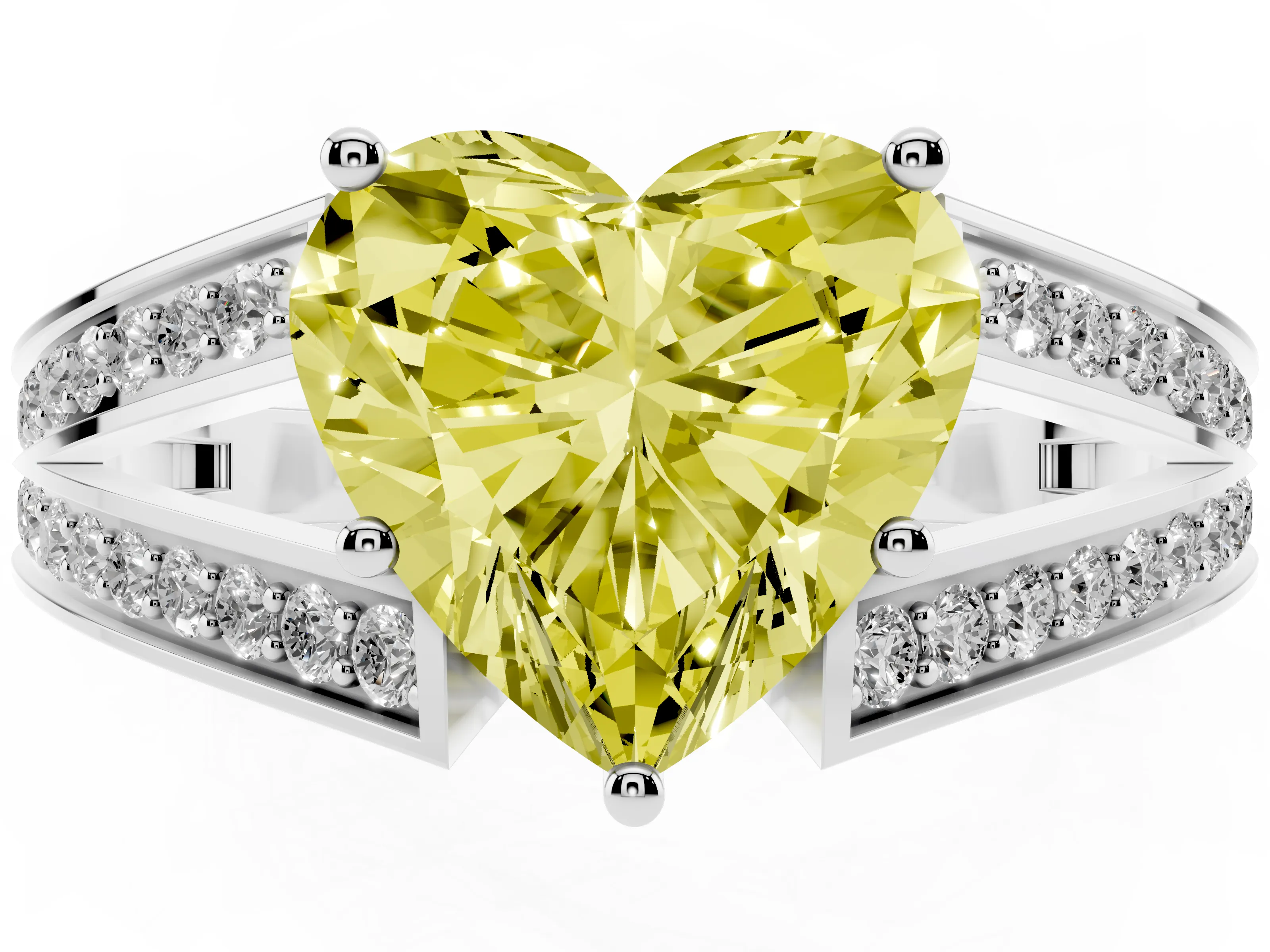 Fancy Yellow Heart Cut Diamond Split Shank Ring Set in Silver with Pavé Band and Prong Setting