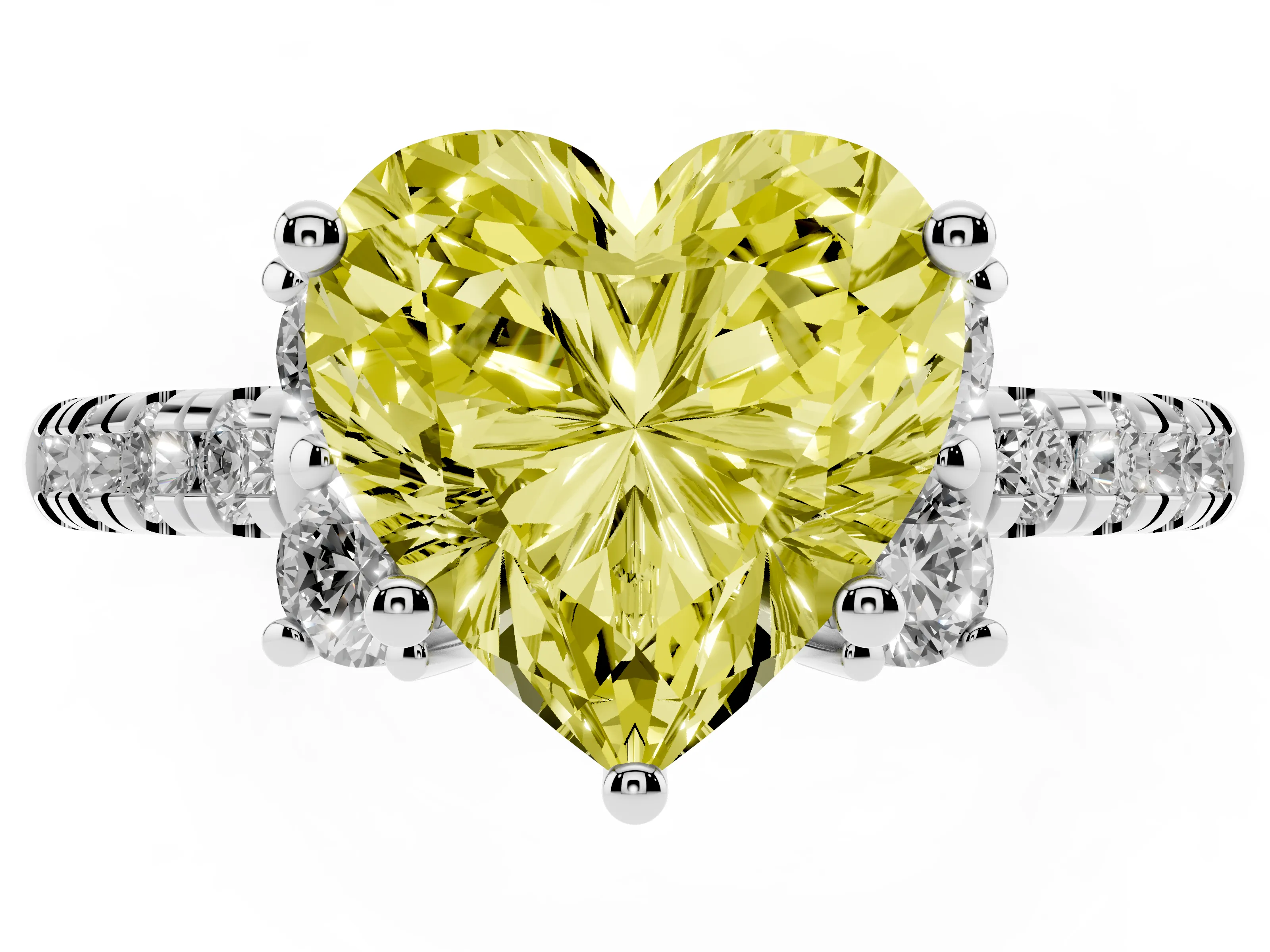 Fancy Yellow Heart Cut Diamond Three-Stone Pavé Ring Set in Silver with Prong Setting