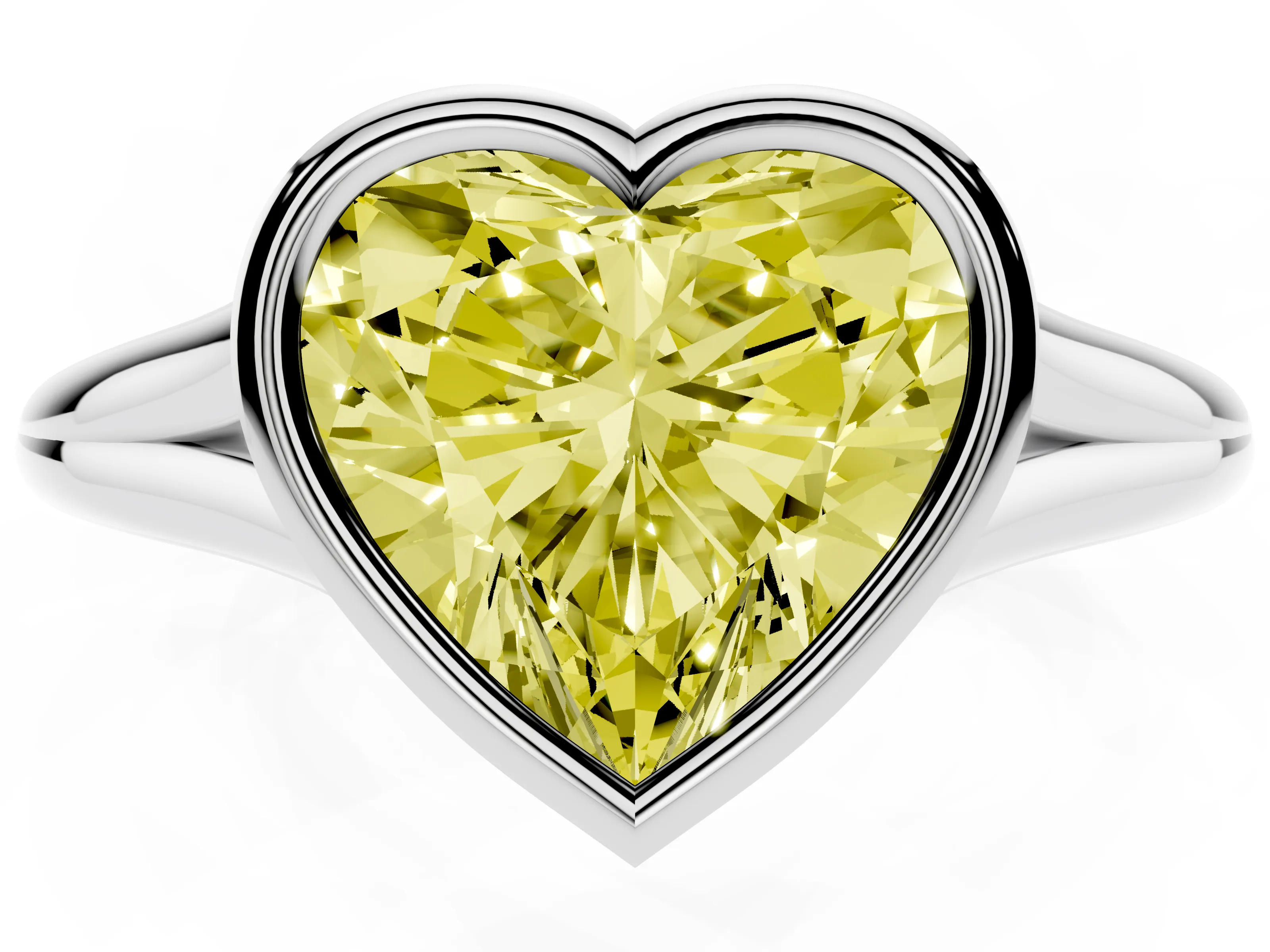 Fancy Yellow Bezel Set Heart Cut Diamond Solitaire Ring Set in Platinum with Tapered Band