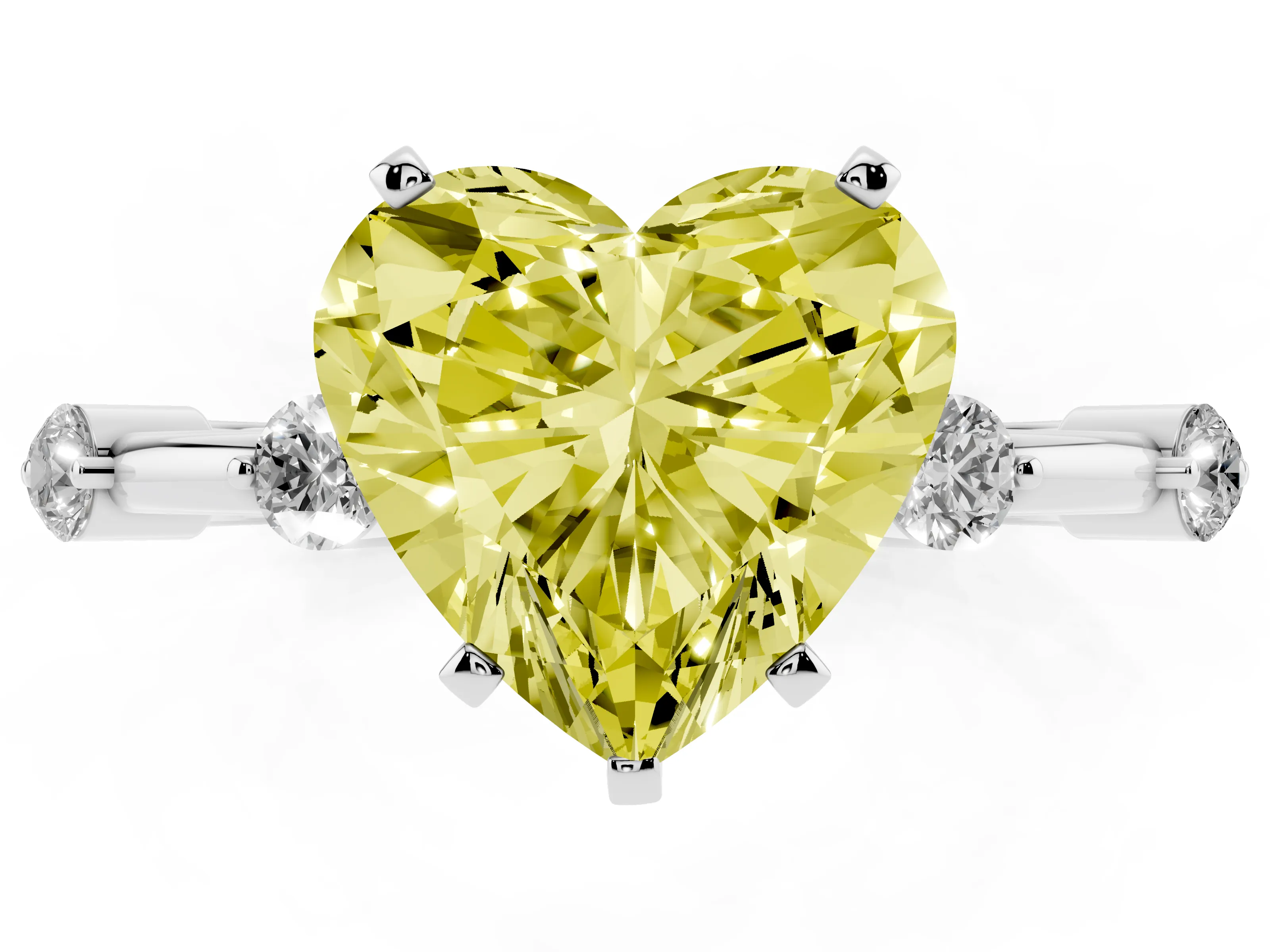 Fancy Yellow Heart Cut Diamond Solitaire Ring Set in Platinum with Bezel Set Side Stones and Prong Setting