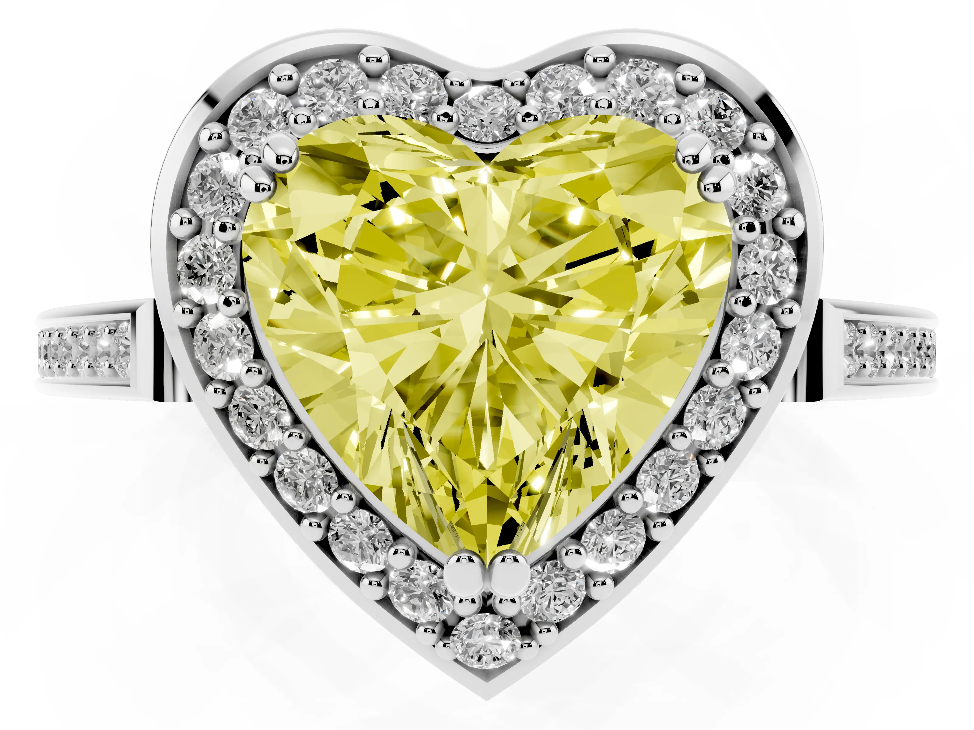 Fancy Yellow Heart Cut Diamond Halo Ring Set in White gold with Accent-Lined Split Shank and Prong Setting