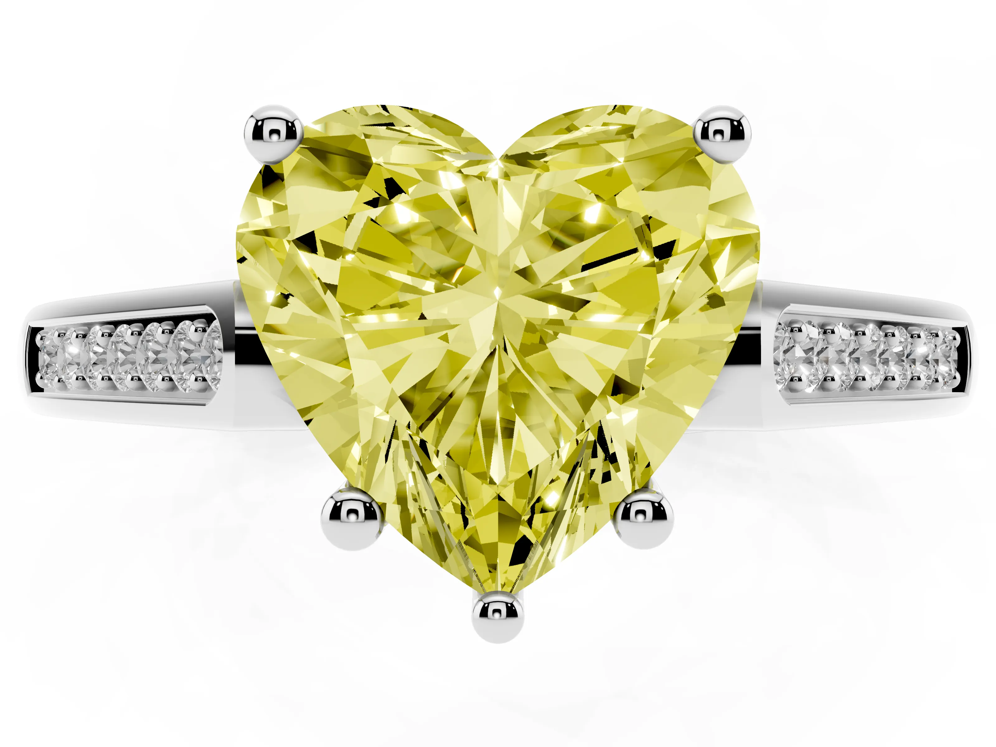 Fancy Yellow Heart Cut Diamond Solitaire Cathedral Engagement Ring Set in White gold with Channel-Set Band and Prong Setting