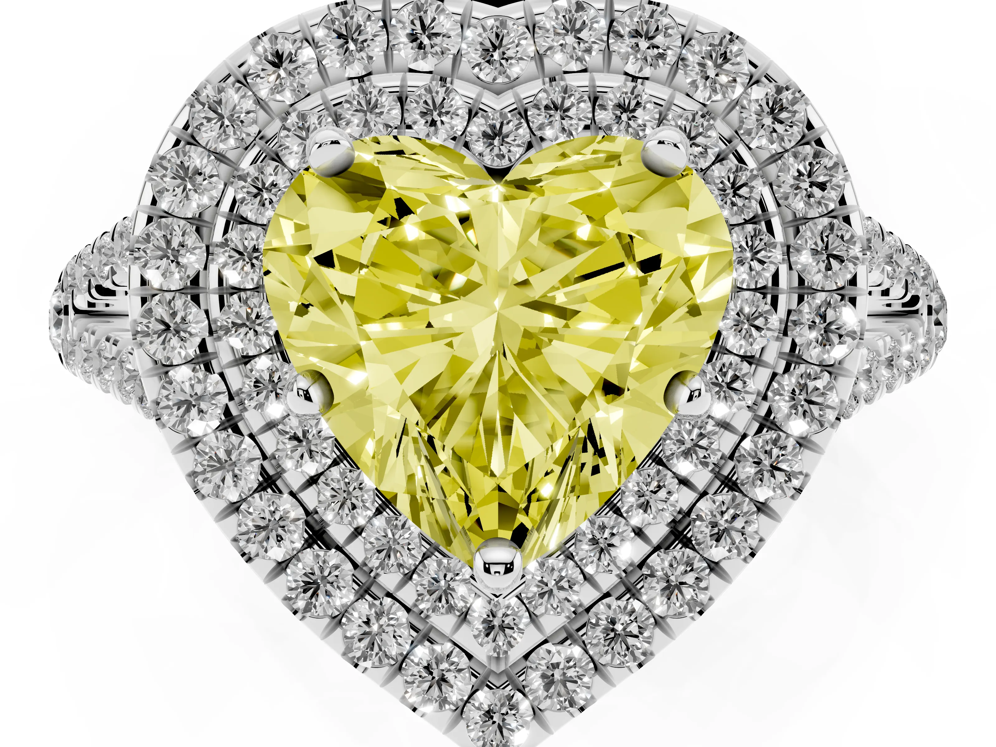 Fancy Yellow Heart Cut Diamond Double Halo Ring Set in Platinum with Pavé Band