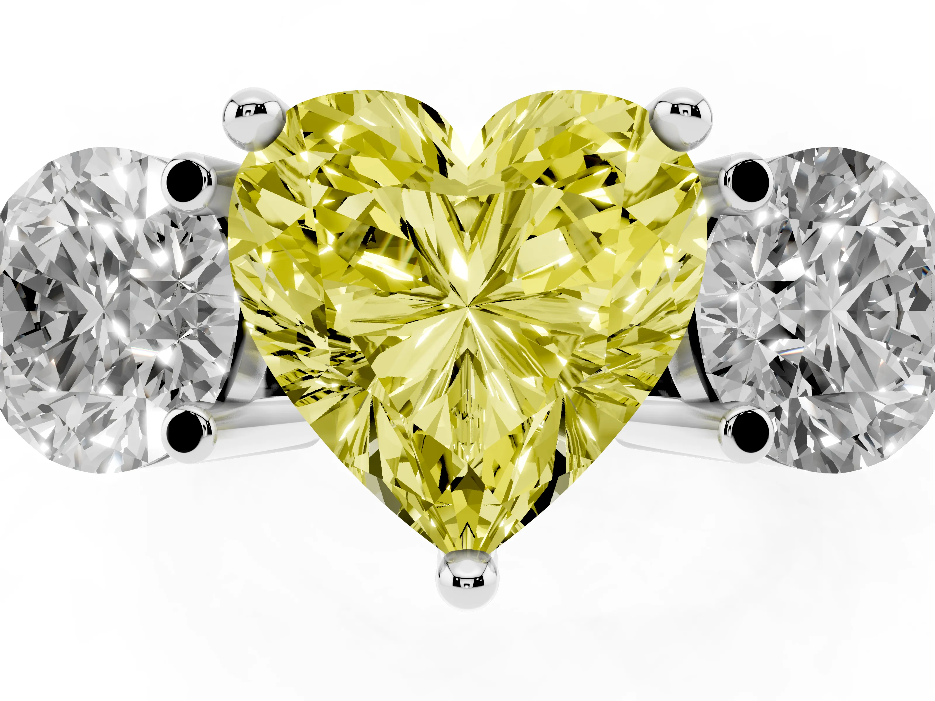 Fancy Yellow Heart Cut Diamond Three-Stone Ring Set in Platinum with Prong Setting and Classic Band
