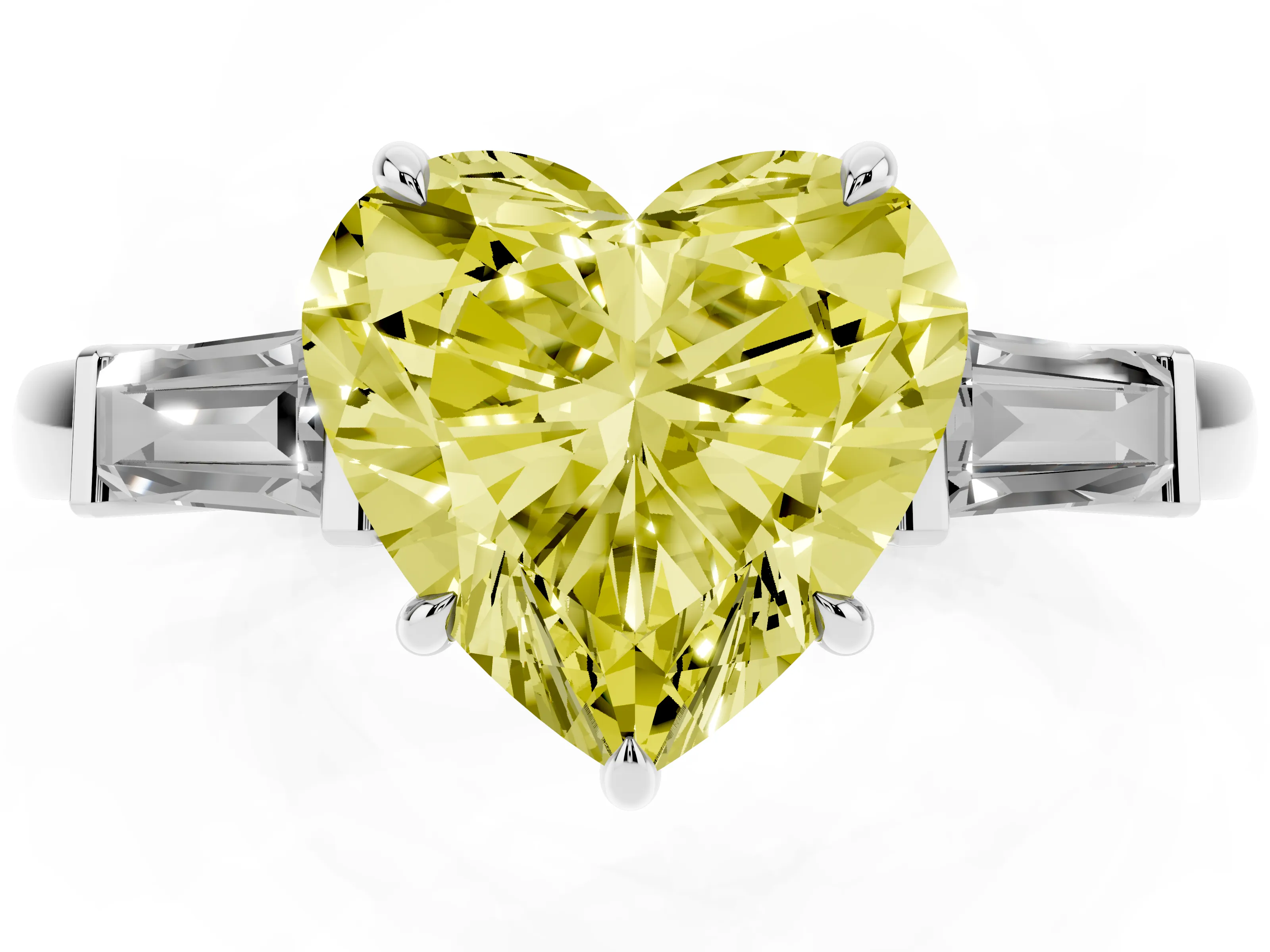 Fancy Yellow Heart Cut Diamond Three-Stone Ring Set in Platinum with Tapered Baguette Side Stones and Prong Setting