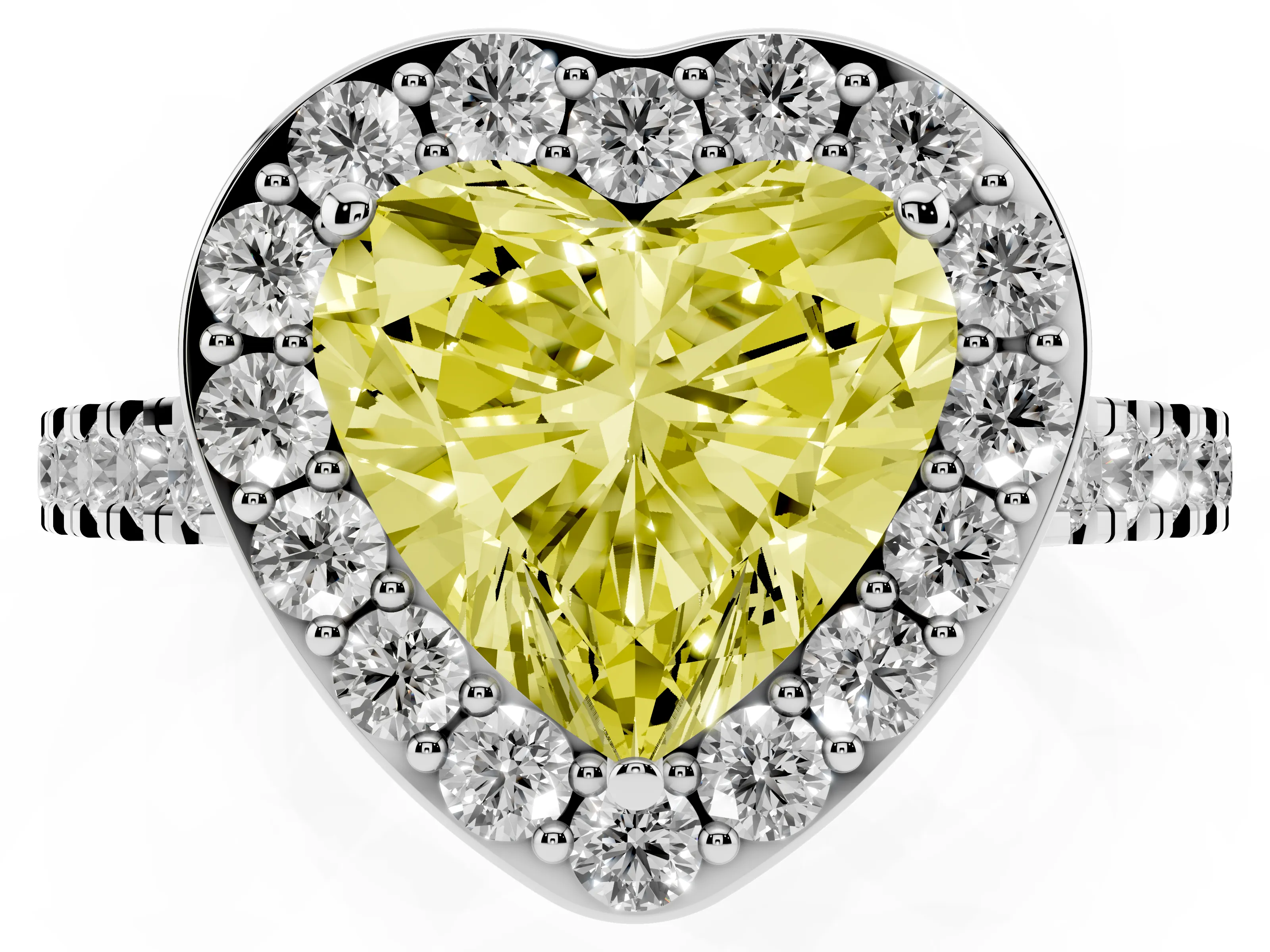 Fancy Yellow Heart Cut Diamond Halo Ring Set in Platinum with Round Pavé Split Shank and Prong Setting