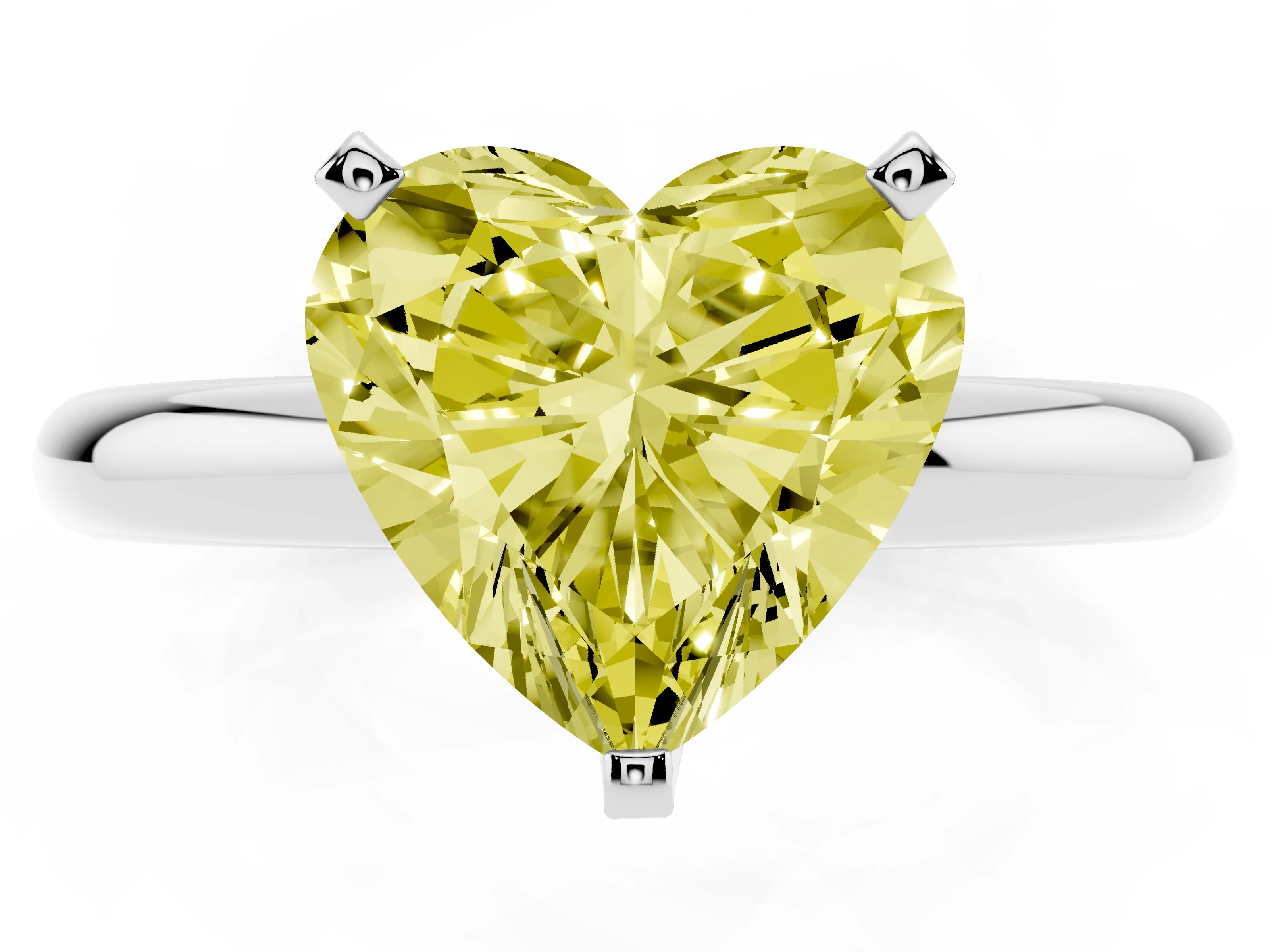 Fancy Yellow Heart Cut Diamond Solitaire Engagement Ring Set in White gold with Round Band and Prong Setting
