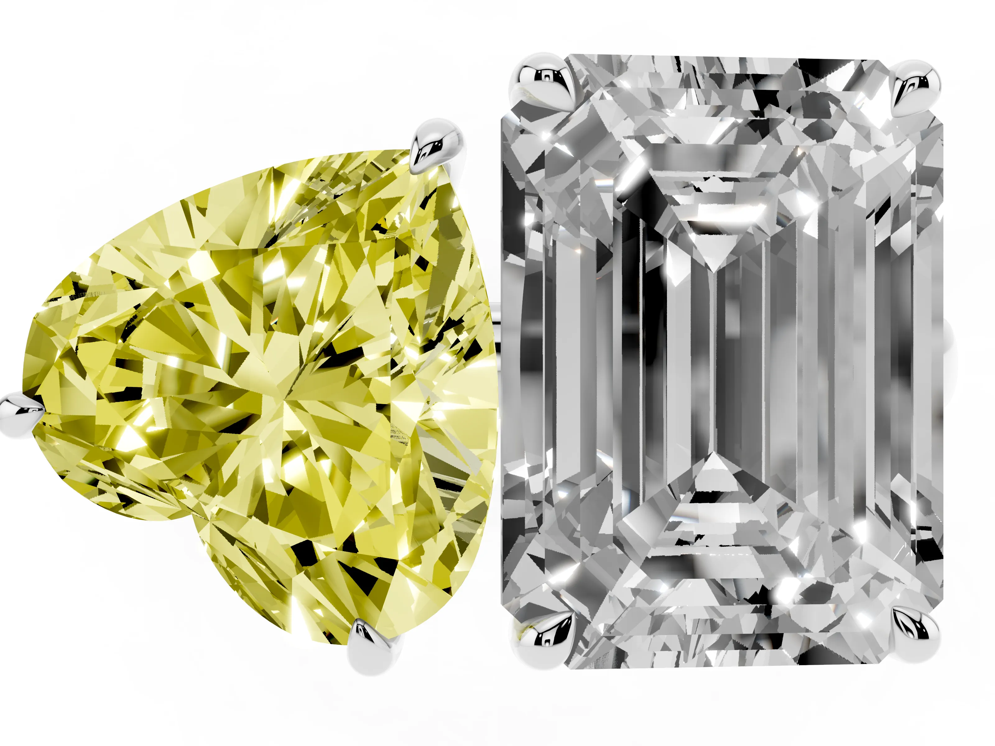 Fancy Yellow Heart Cut and Emerald Cut Toi Moi Ring Set in Silver with Prong Setting