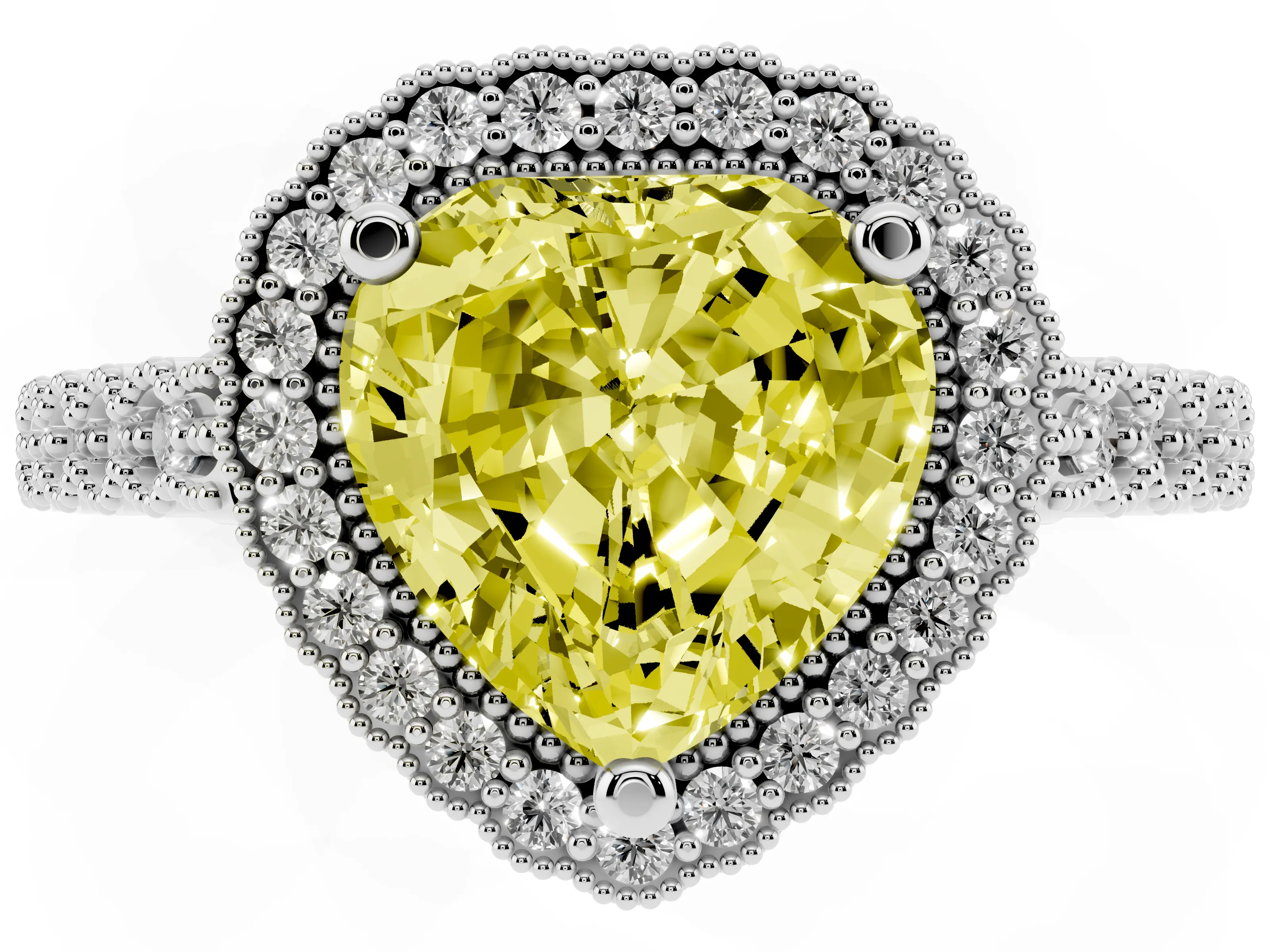 Fancy Yellow Heart Cut Diamond Halo Ring Set in Platinum with Pavé Milgrain Band