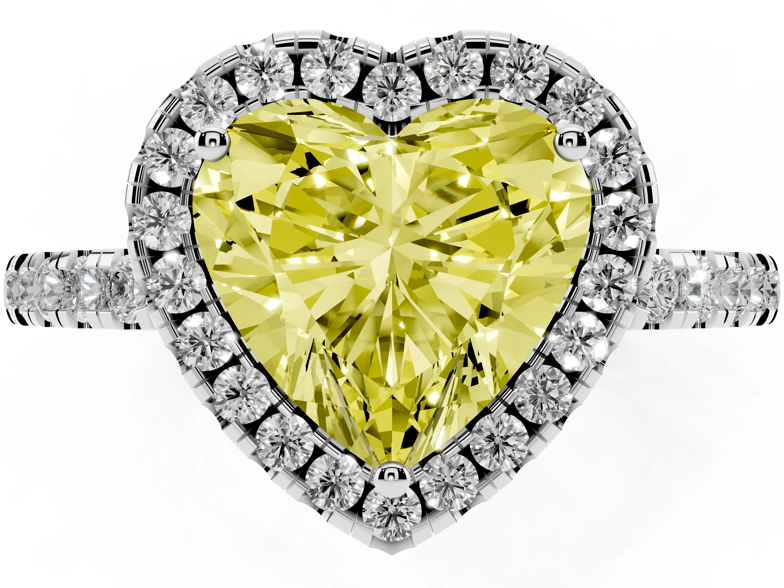 Fancy Yellow Heart Cut Diamond Pavé Band Halo Engagement Ring Set in White gold with Prong Setting