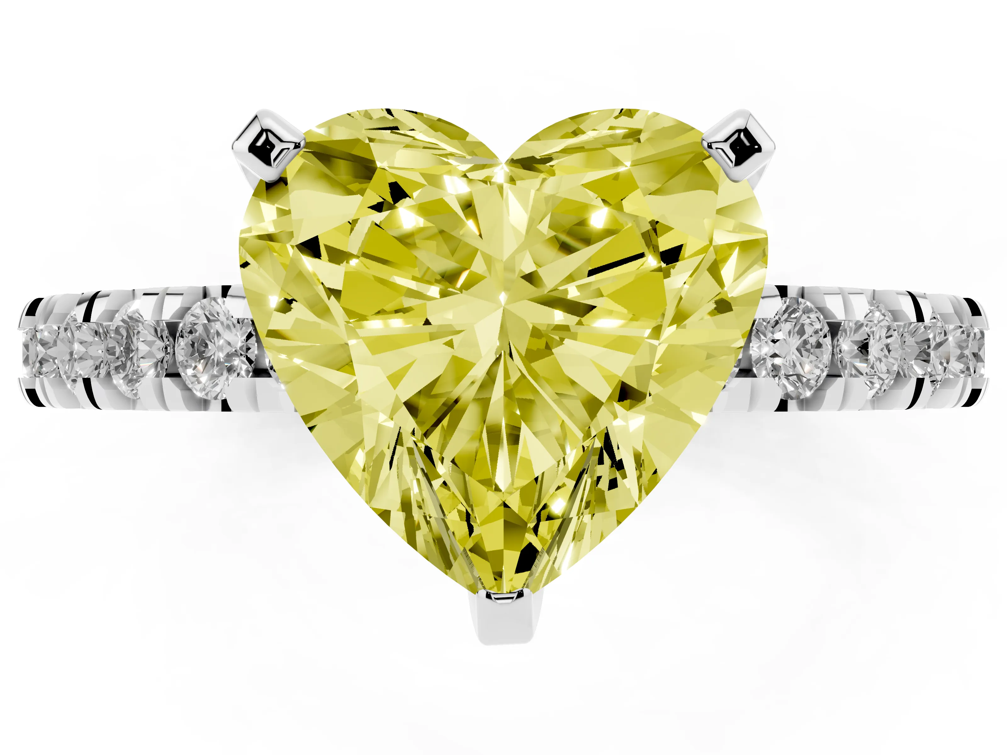 Fancy Yellow Heart Cut Diamond Pavé Band Solitaire Set in Silver with Prong Setting