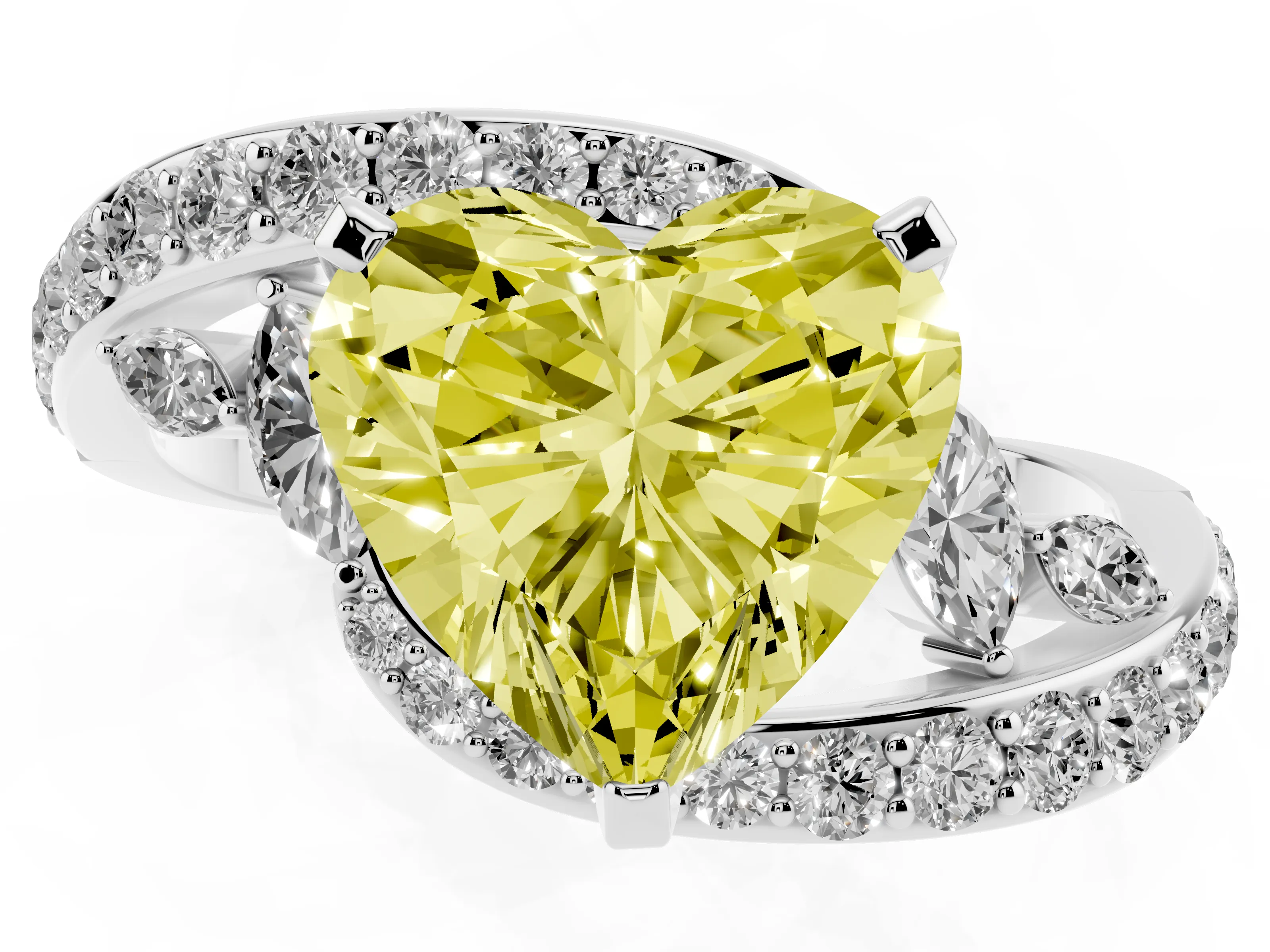 Fancy Yellow Heart Cut Diamond Solitaire Ring Set in Platinum with Pavé Twist Band and Secure Prong Setting