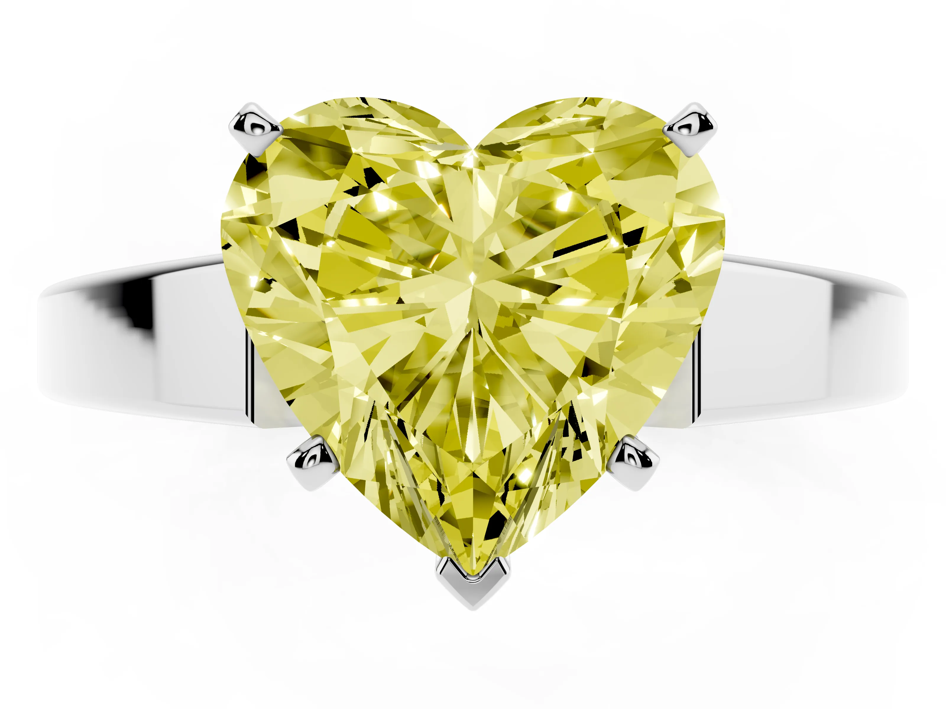 Fancy Yellow Heart Cut Diamond Solitaire Engagement Ring Set in White gold with Prong Setting and Tapered Band