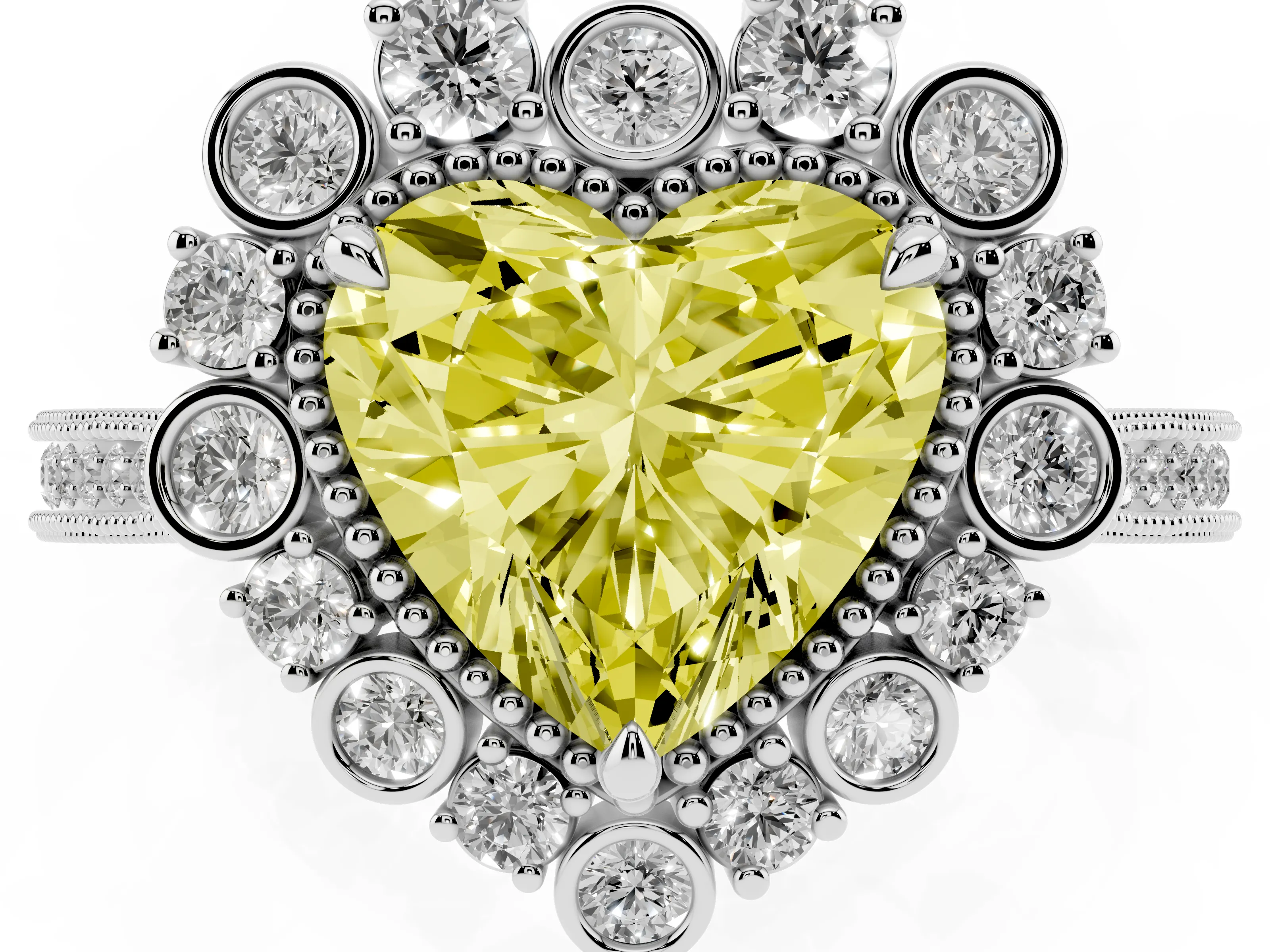Fancy Yellow Heart Cut Diamond Halo Milgrain Pavé Ring Set in White gold with Prong Setting