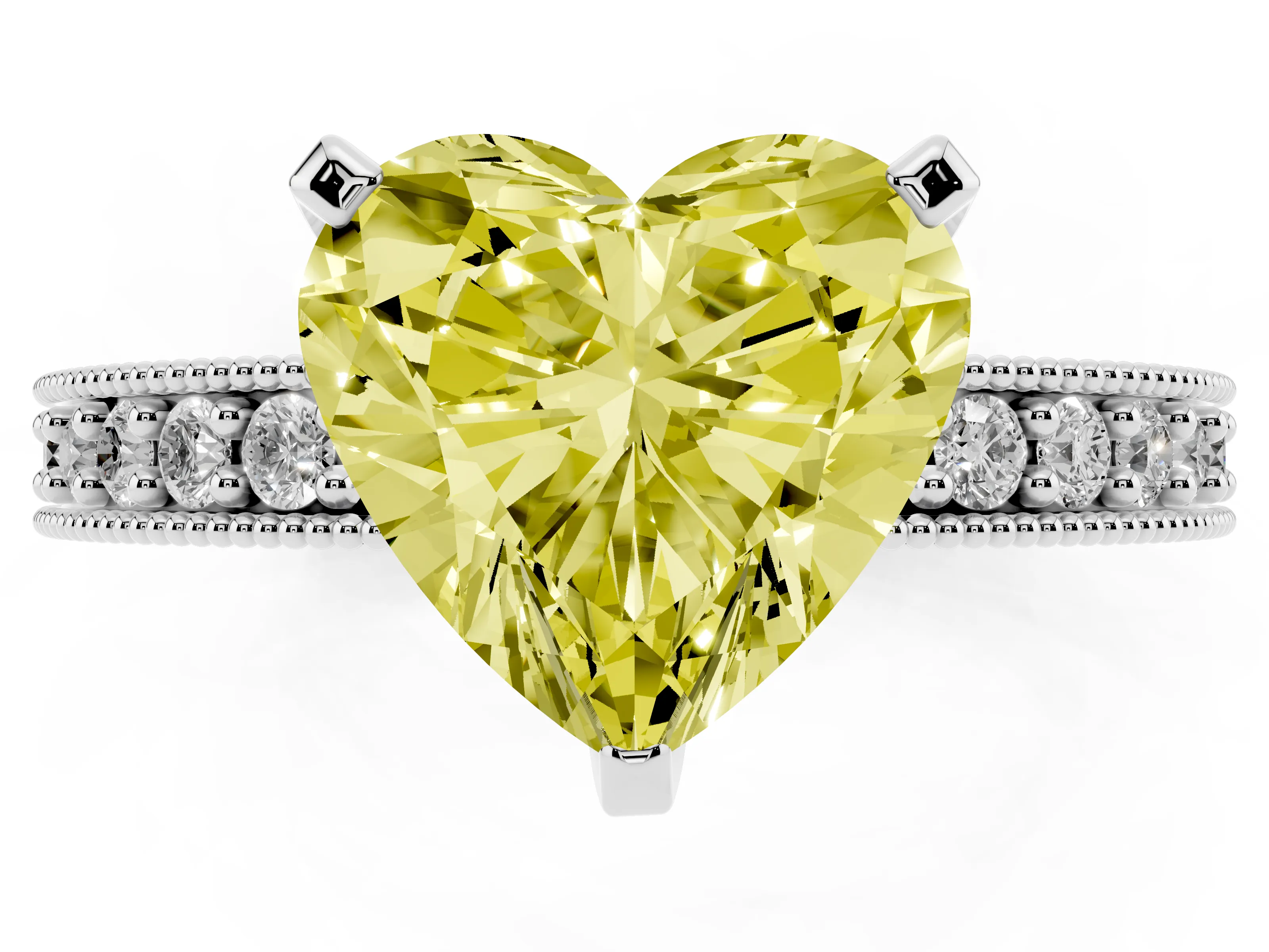 Fancy Yellow Heart Cut Diamond Milgrain Pavé Engagement Ring Set in Silver with Prong Setting