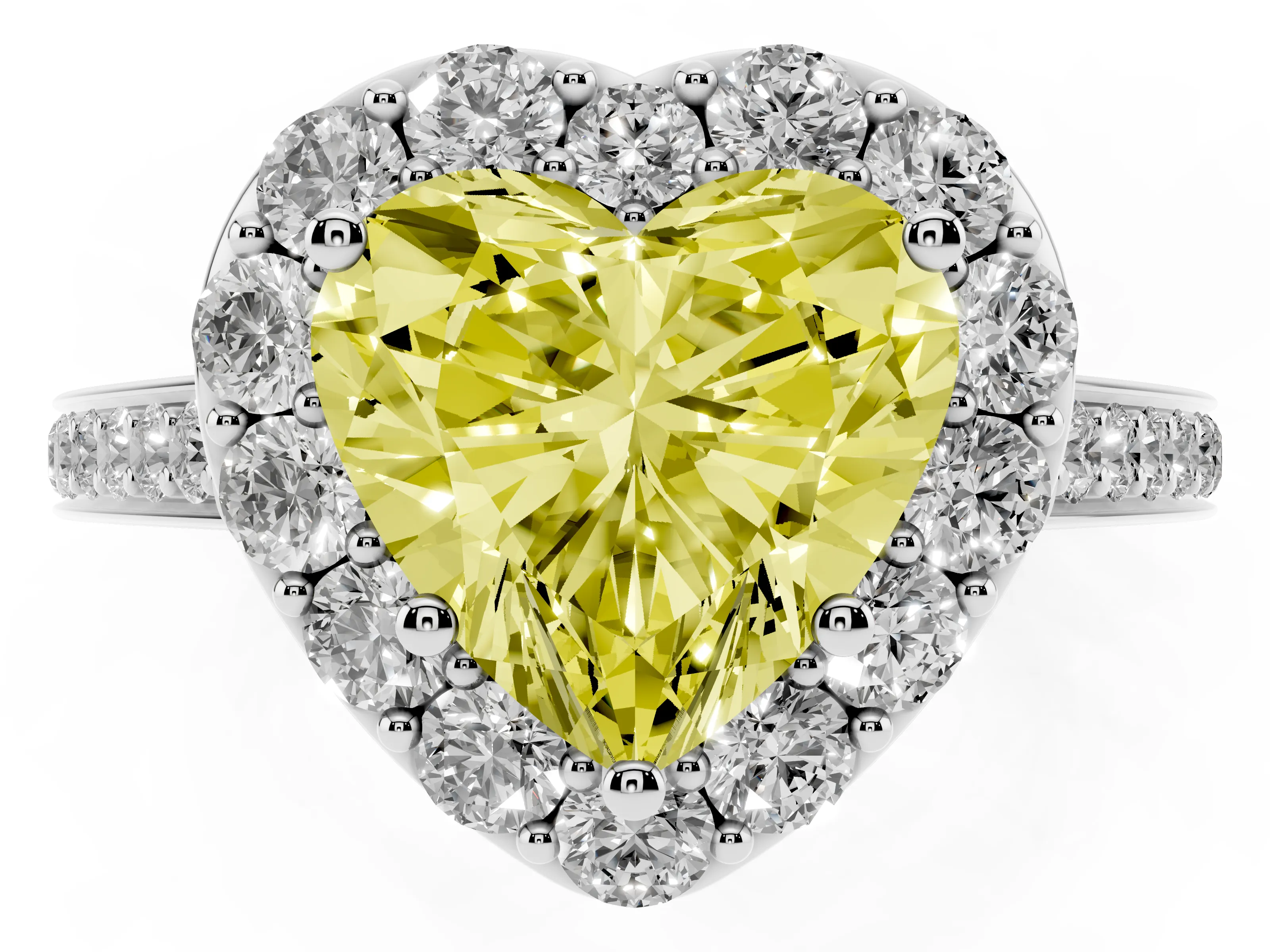 Fancy Yellow Heart Cut Diamond Floral Halo Ring Set in White gold with Pavé Band and Prong Setting