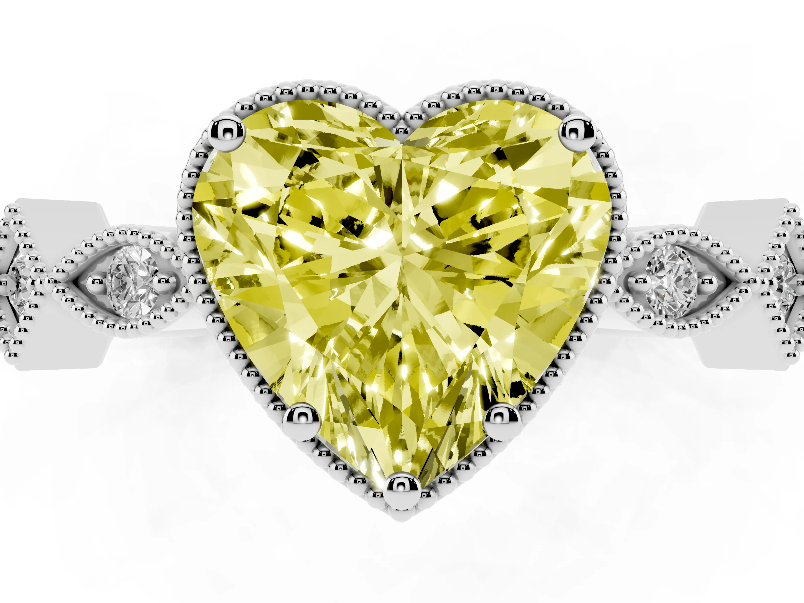 Fancy Yellow Heart Cut Diamond Milgrain Marquise Twist Band Ring Set in Silver with Prong Setting