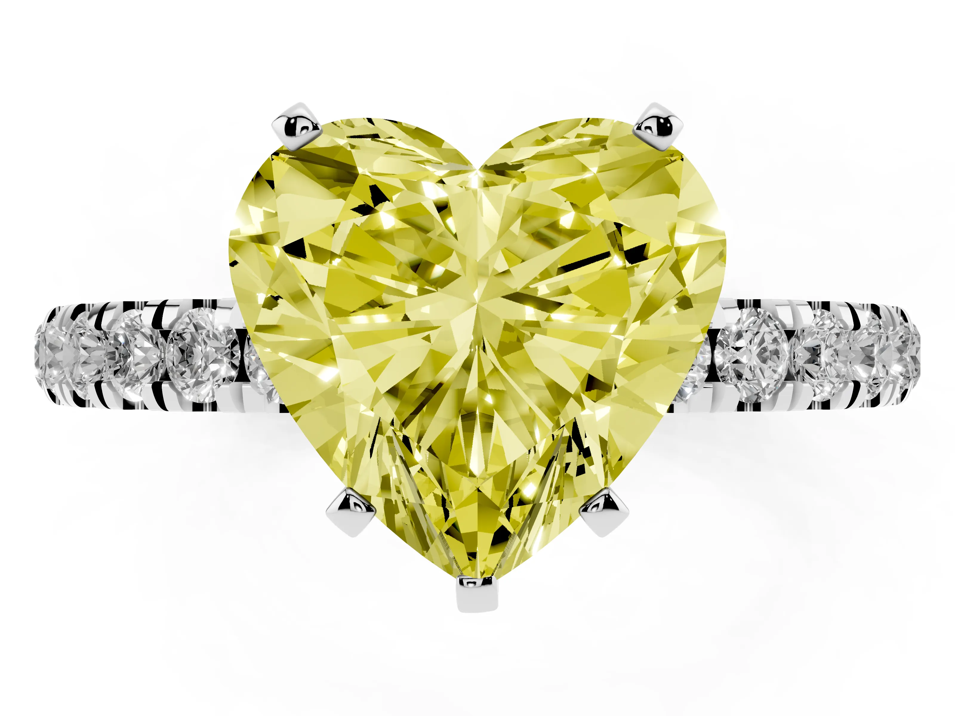 Fancy Yellow Heart Cut Diamond Solitaire Ring Set in Silver with Pavé Accents and Prong Setting