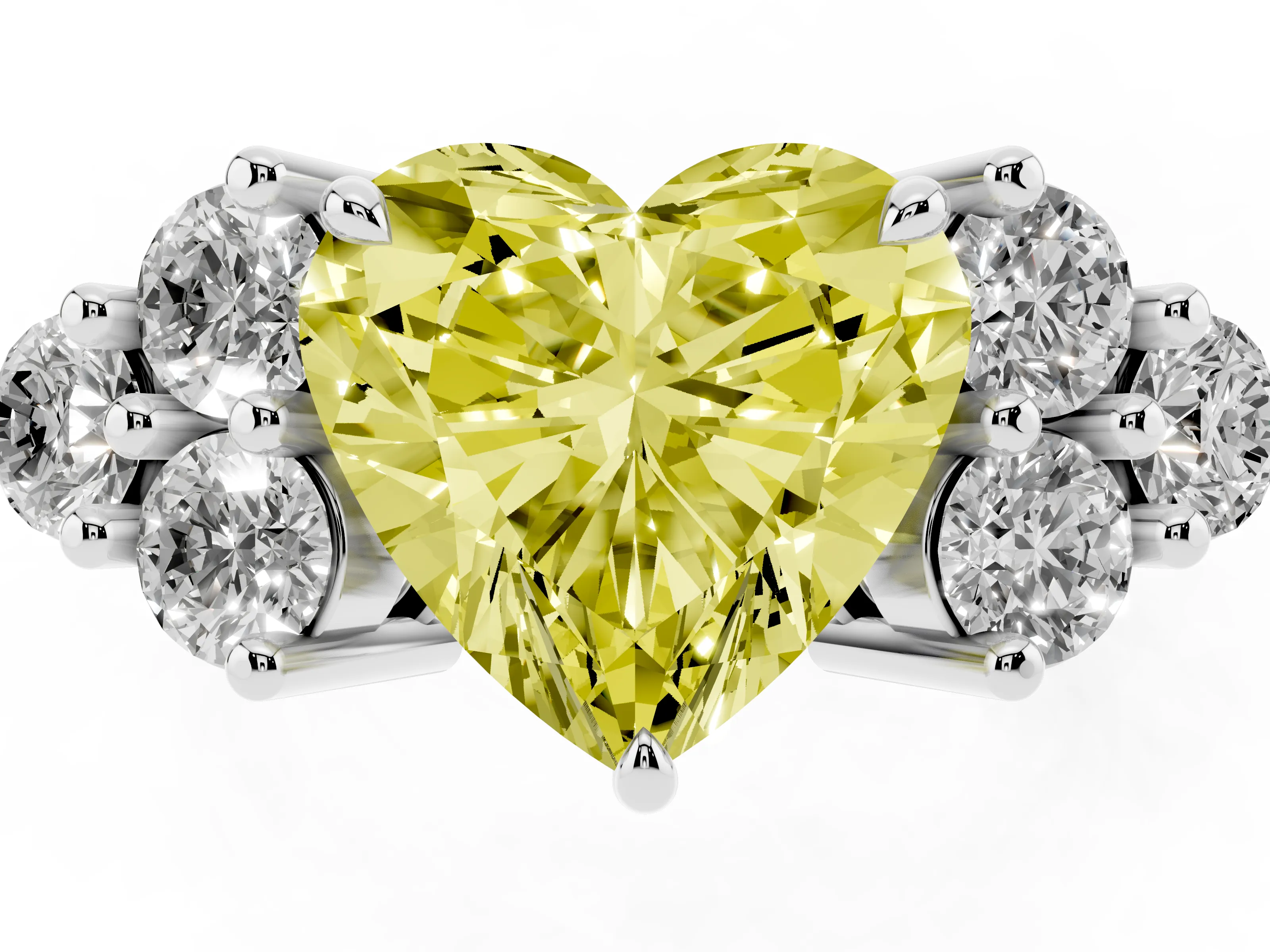 Fancy Yellow Heart Cut Diamond Solitaire Ring Set in Platinum with Cluster Accents on Each Side