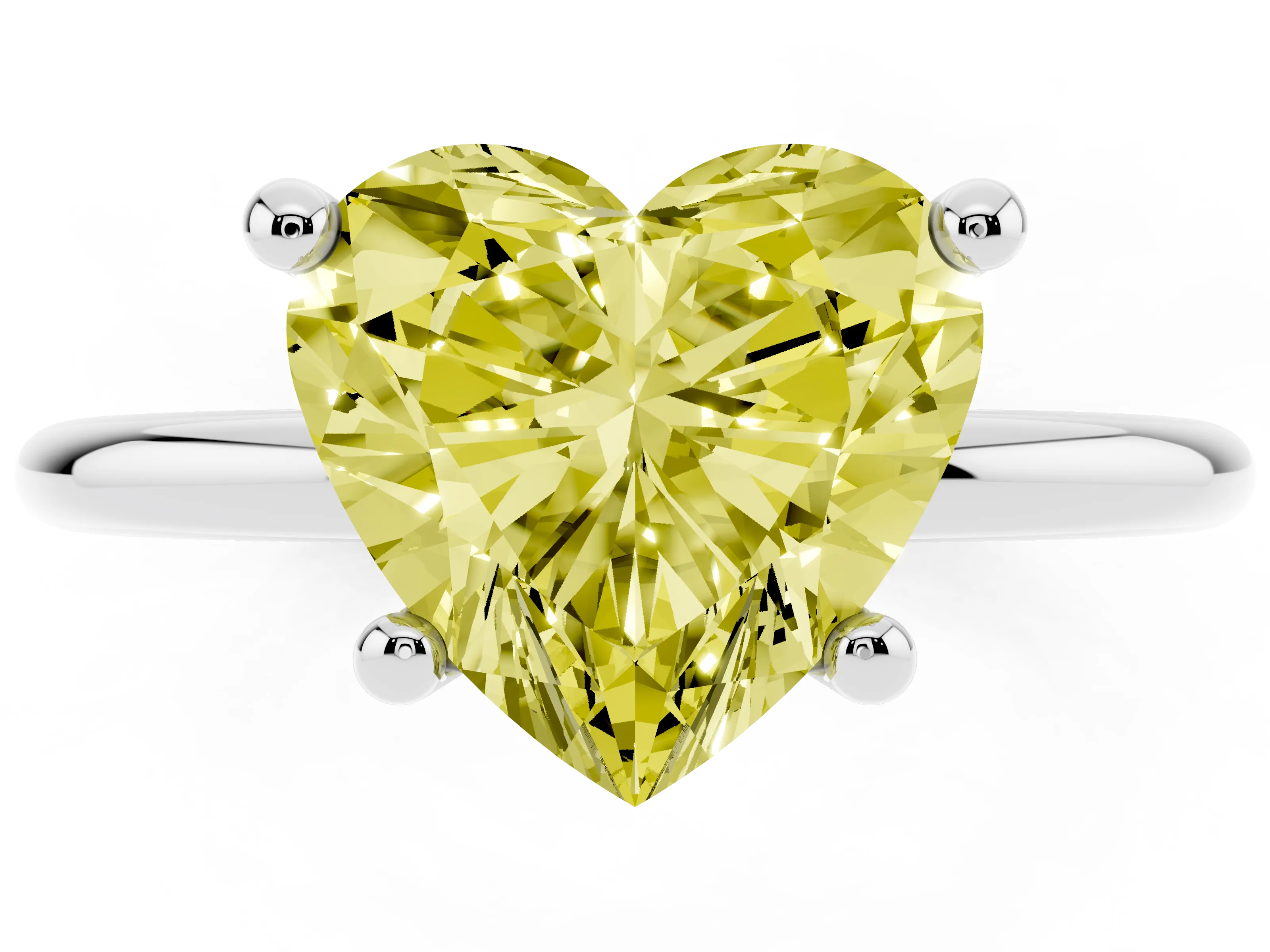 Fancy Yellow Heart Cut Diamond Solitaire Ring Set in Platinum with Secure Prong Setting on a Classic Band