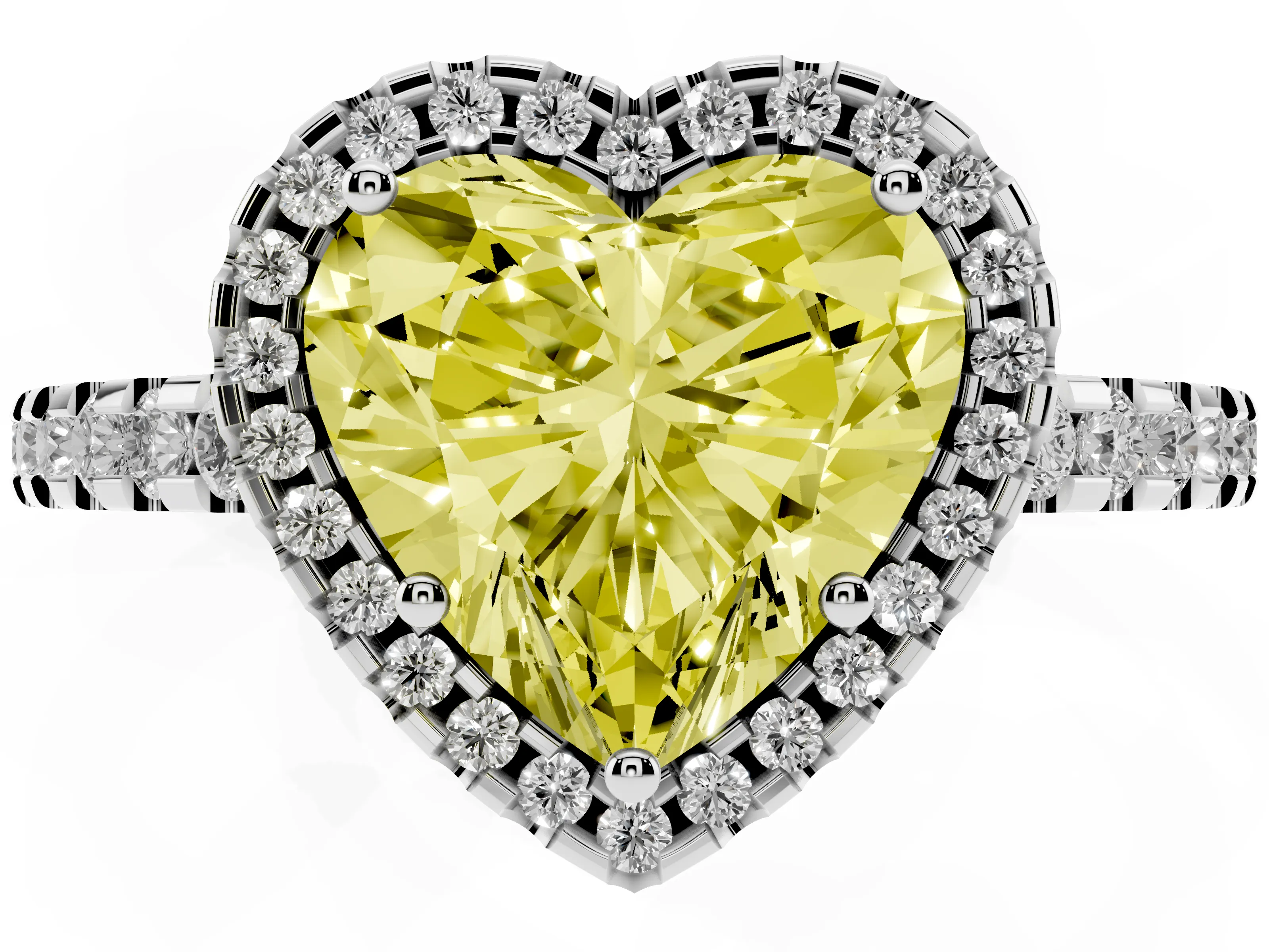 Fancy Yellow Heart Cut Diamond Halo Ring Set in Platinum with Pavé Shoulders and Halo-Framed Center