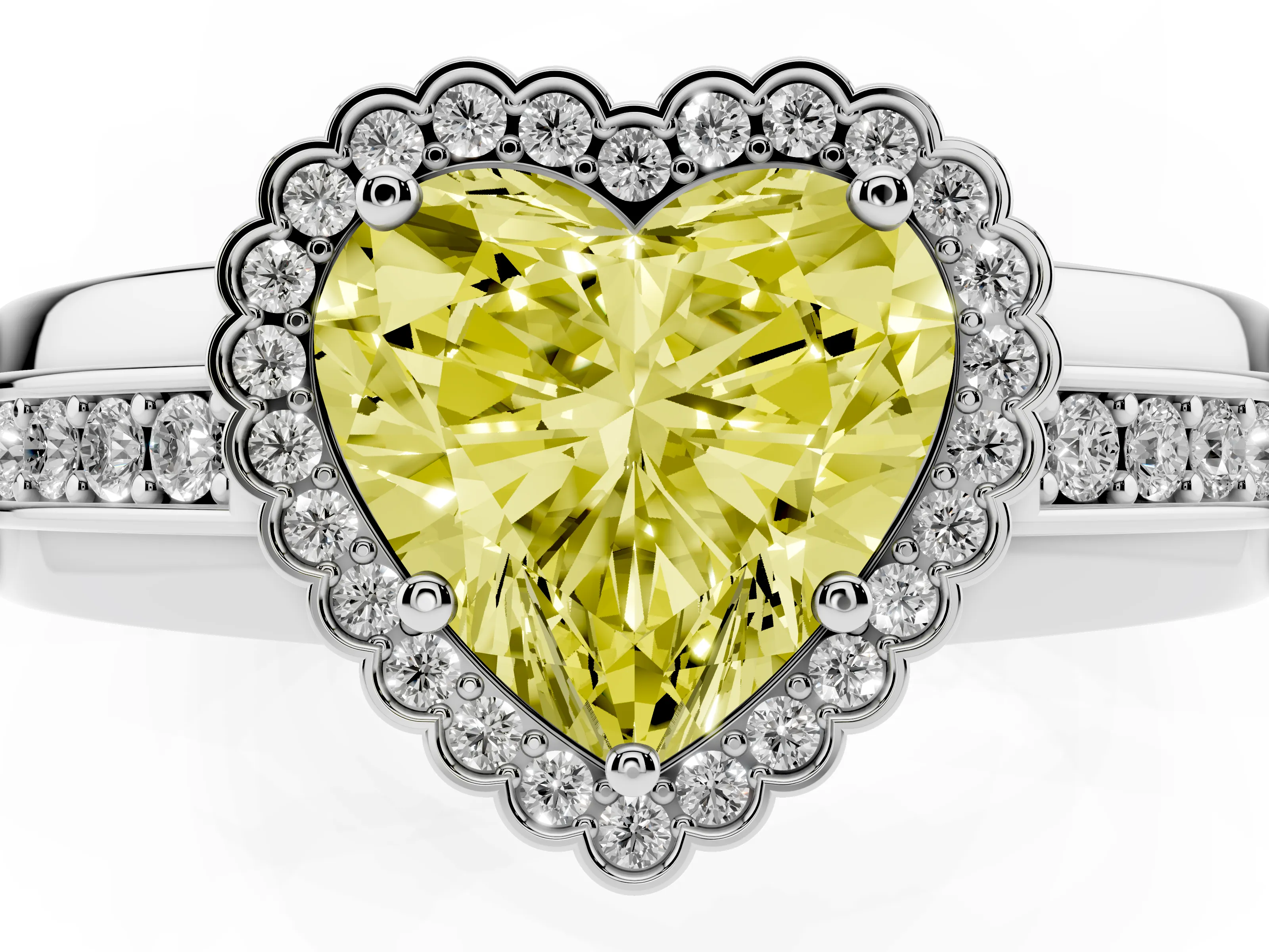 Fancy Yellow Heart Cut Diamond Halo Prong Ring Set in Platinum with Pavé Band
