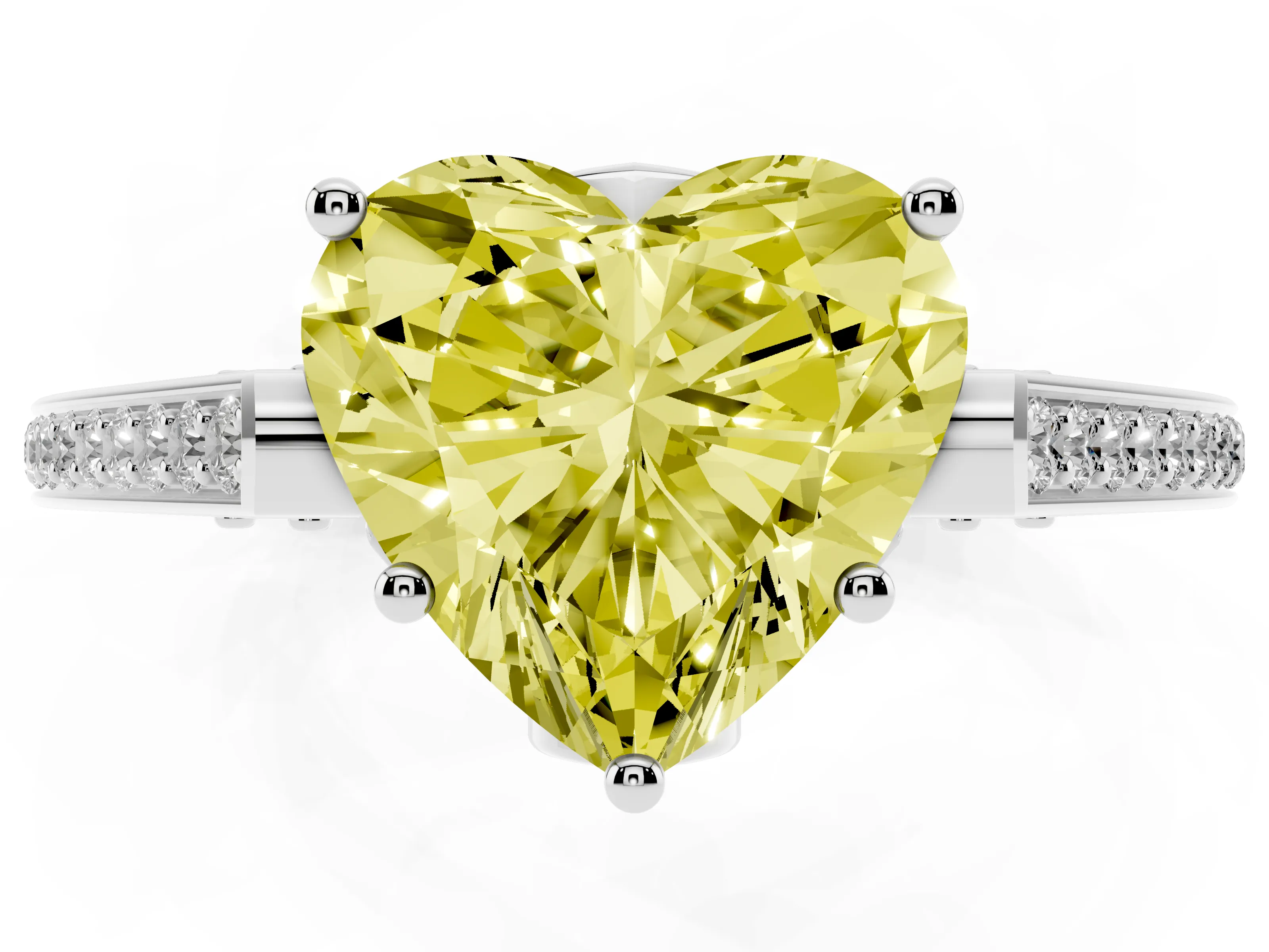 Fancy Yellow Heart Cut Diamond Cathedral Pavé Engagement Ring Set in Platinum with Prong Setting