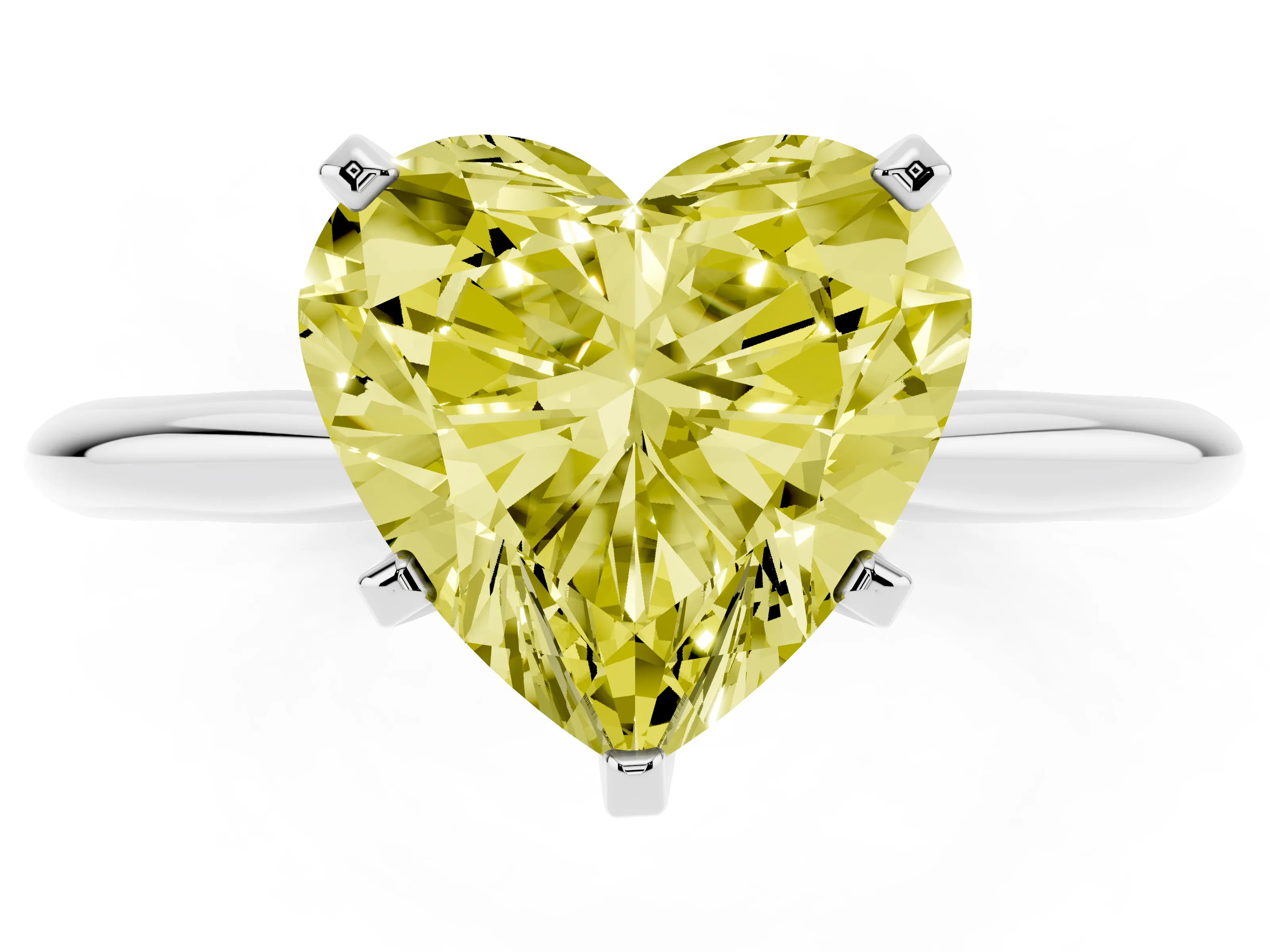 Fancy Yellow Heart Cut Diamond Solitaire Ring Set in White gold with Prong Setting on a Plain Round Band