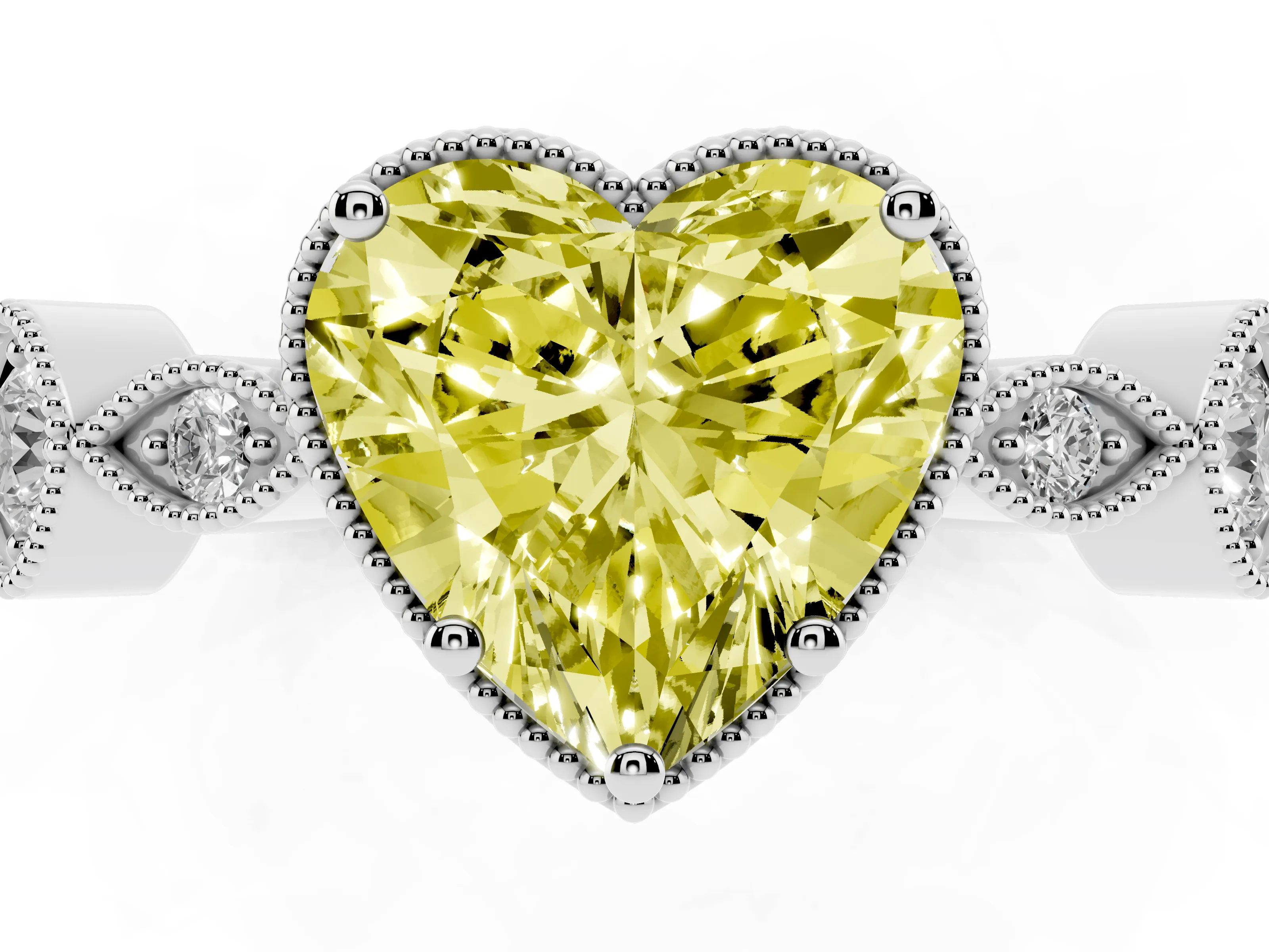 Fancy Yellow Heart Cut Diamond Vintage-Inspired Milgrain Ring Set in White gold with Marquise Stations of Round Accents