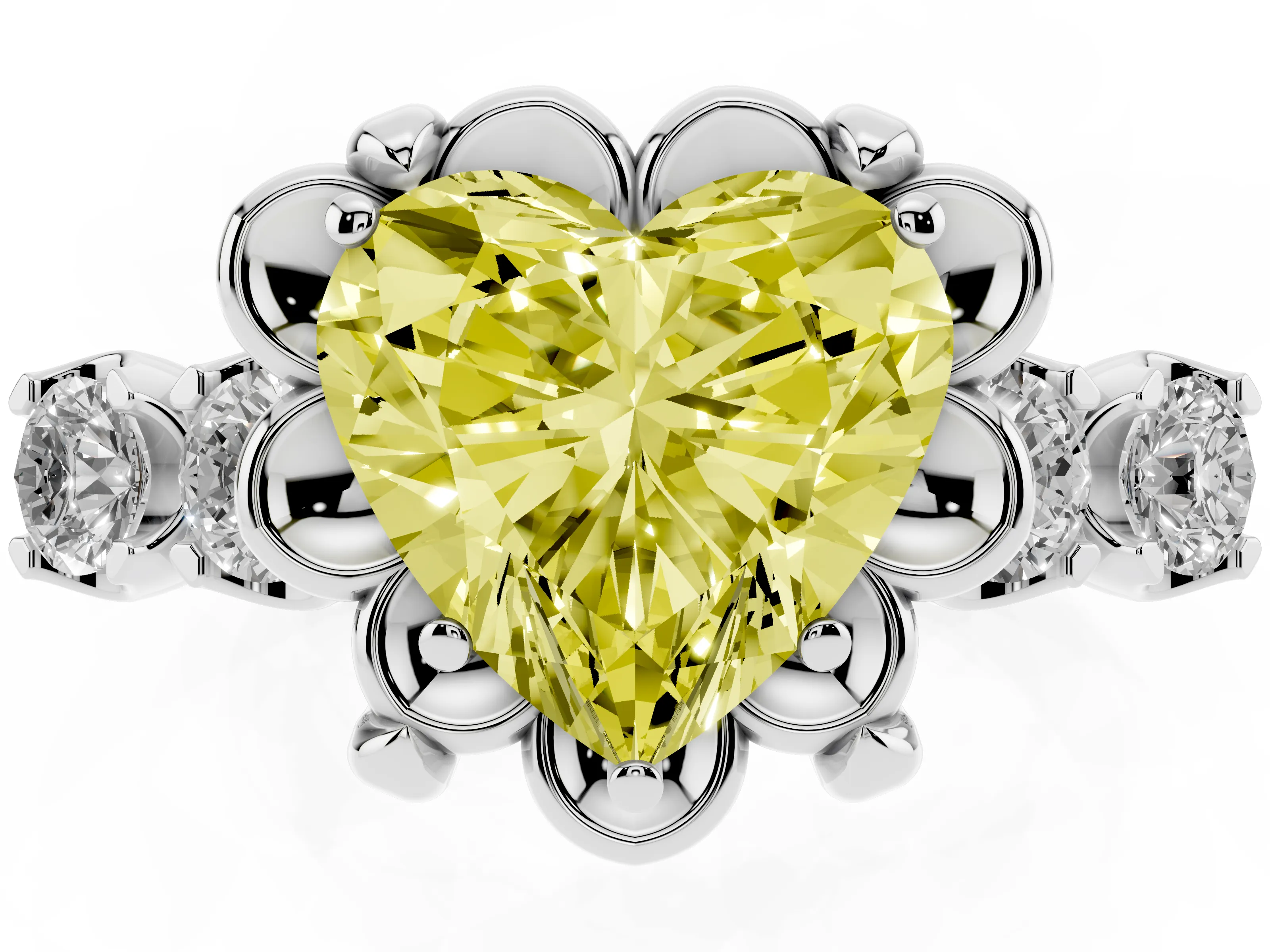 Fancy Yellow Heart Cut Diamond Floral Halo Ring Set in Platinum with Shared Prong Band