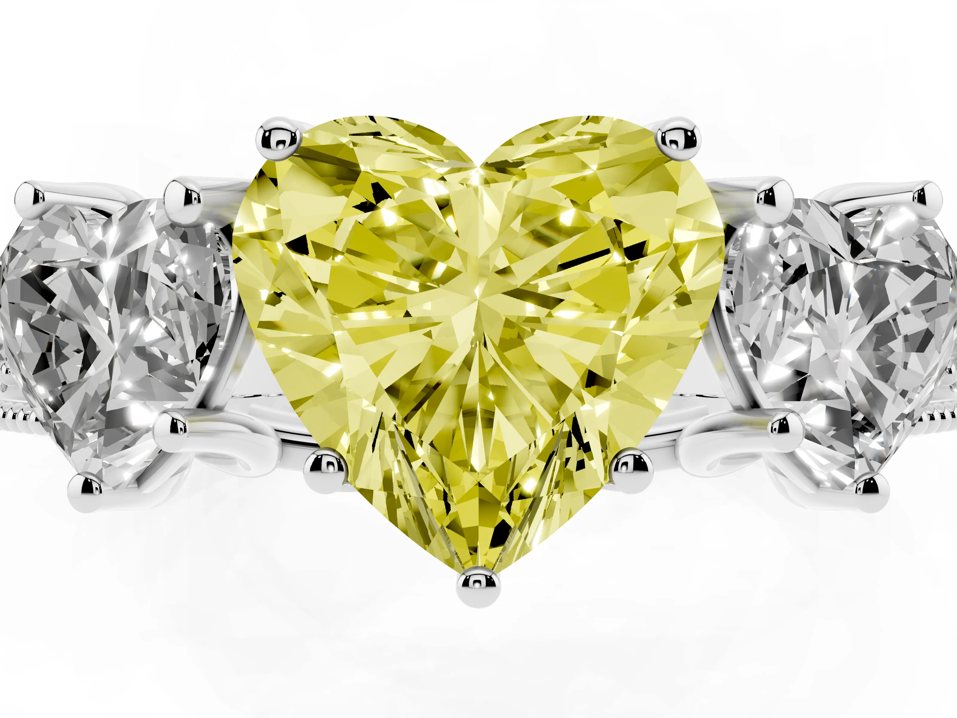 Fancy Yellow Heart Cut Diamond Three-Stone Engagement Ring Set in Silver with Milgrain Pavé Band