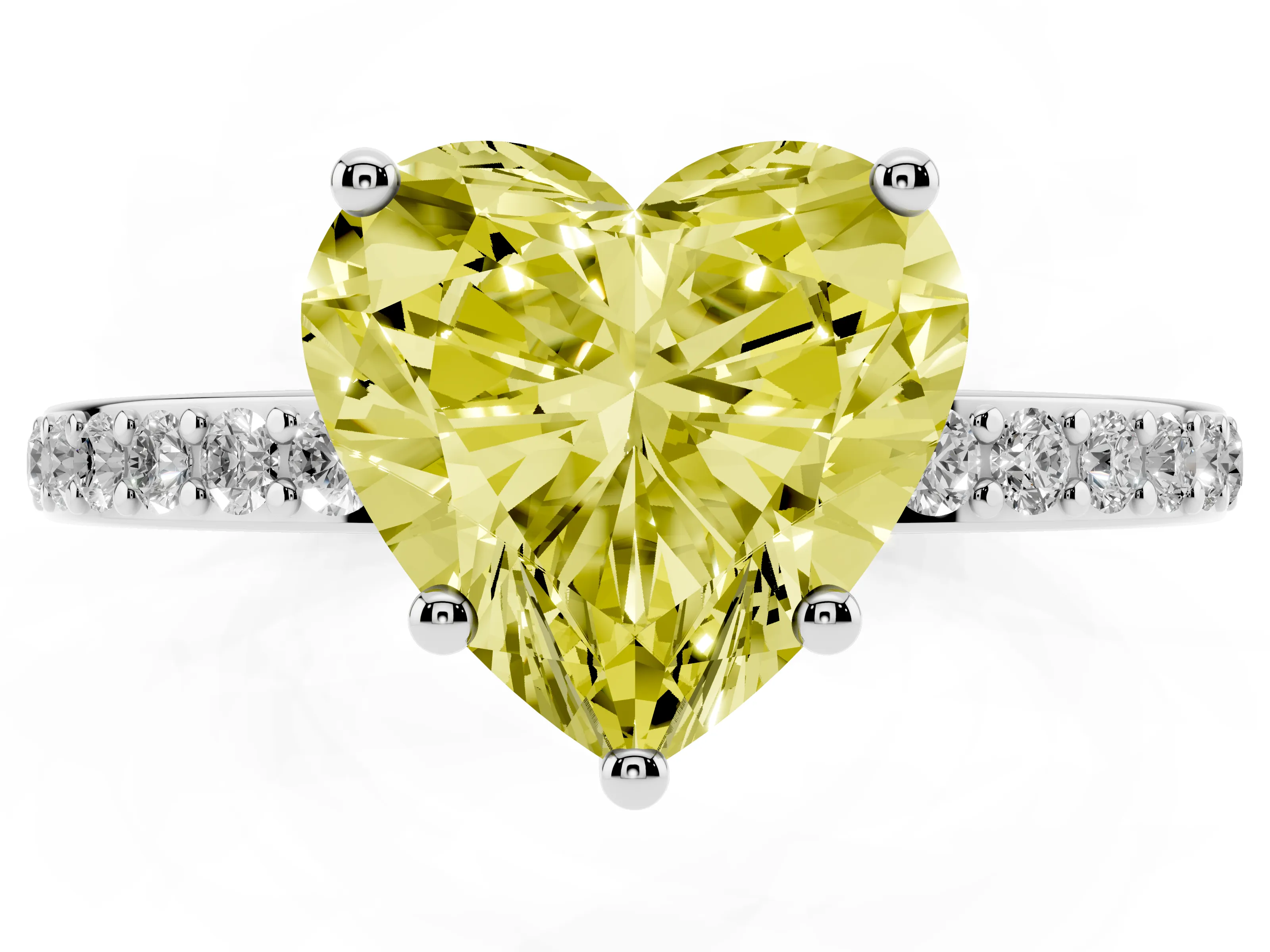 Fancy Yellow Heart Cut Diamond Pavé Band Ring Set in White gold with Prong-Set Center Stone