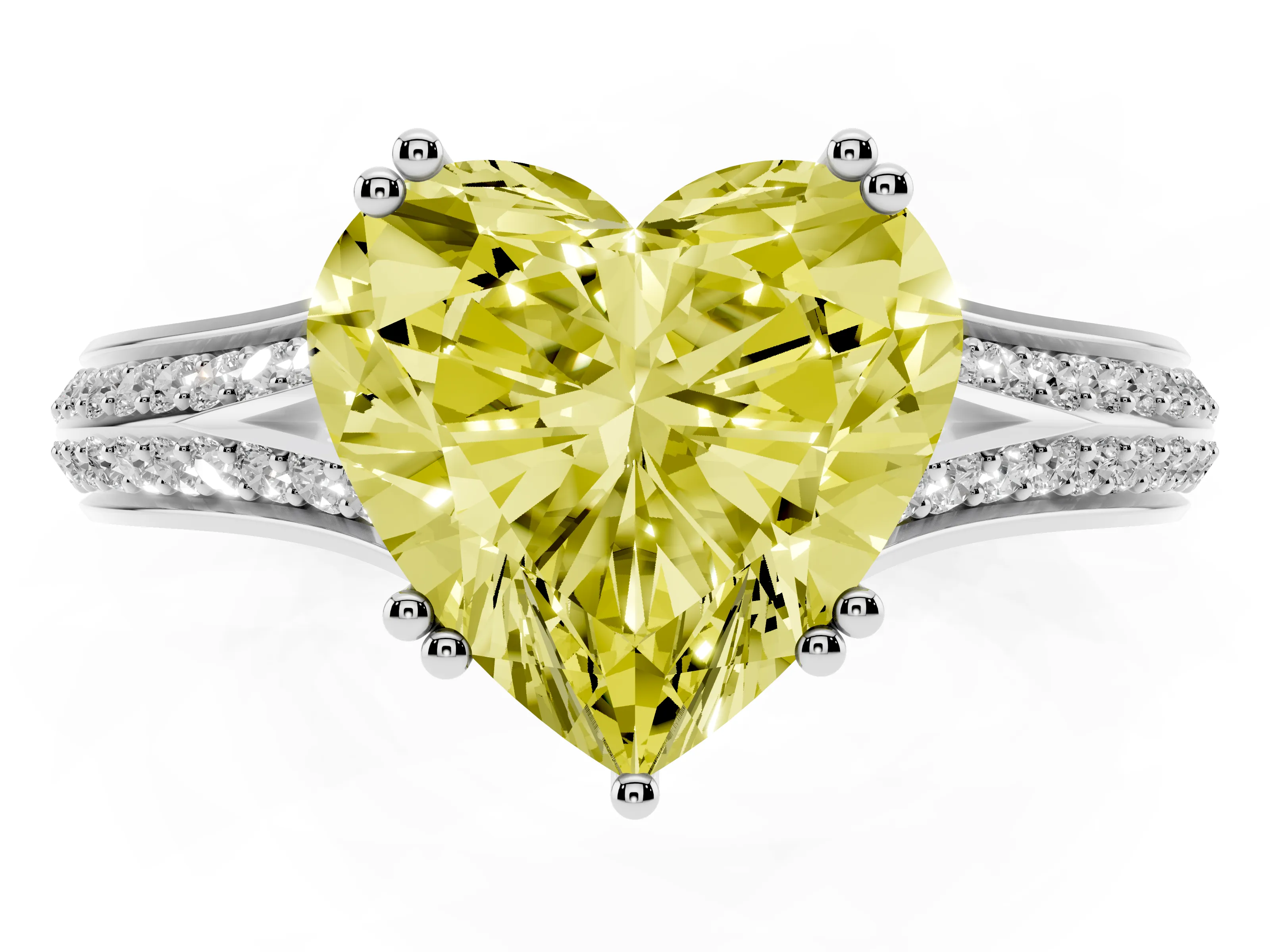 Fancy Yellow Heart Cut Diamond Split Shank Pavé Engagement Ring Set in White gold with Prong-Set Center Stone