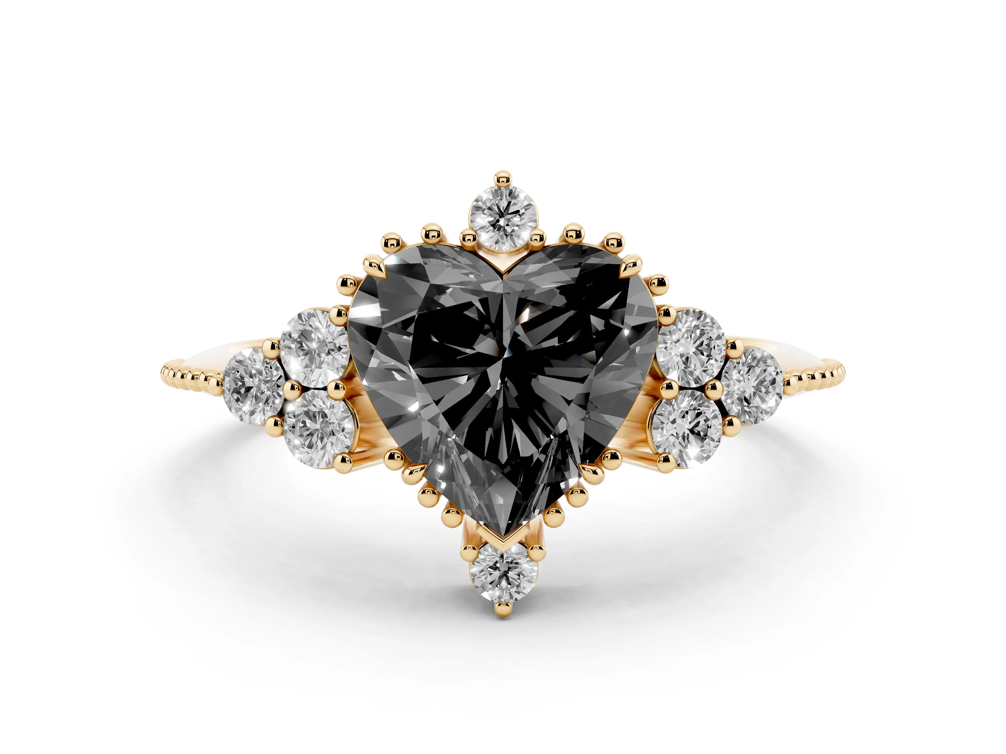 Fancy Black Heart Cut Diamond Cluster Ring Set in Yellow gold with Beaded Band