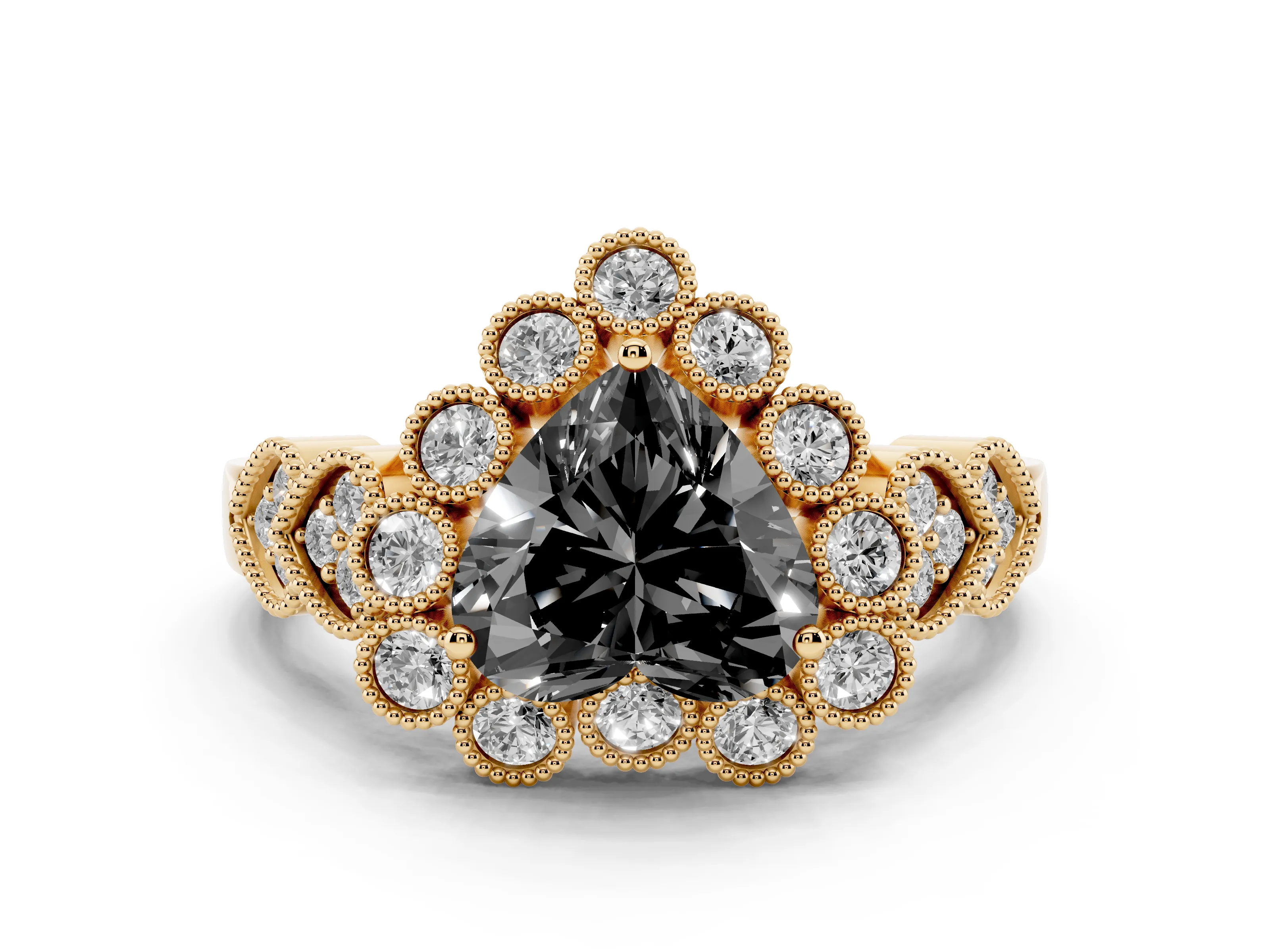 Fancy Black Heart Cut Diamond Solitaire Ring Set in Yellow gold with Milgrain Pavé Heart Band