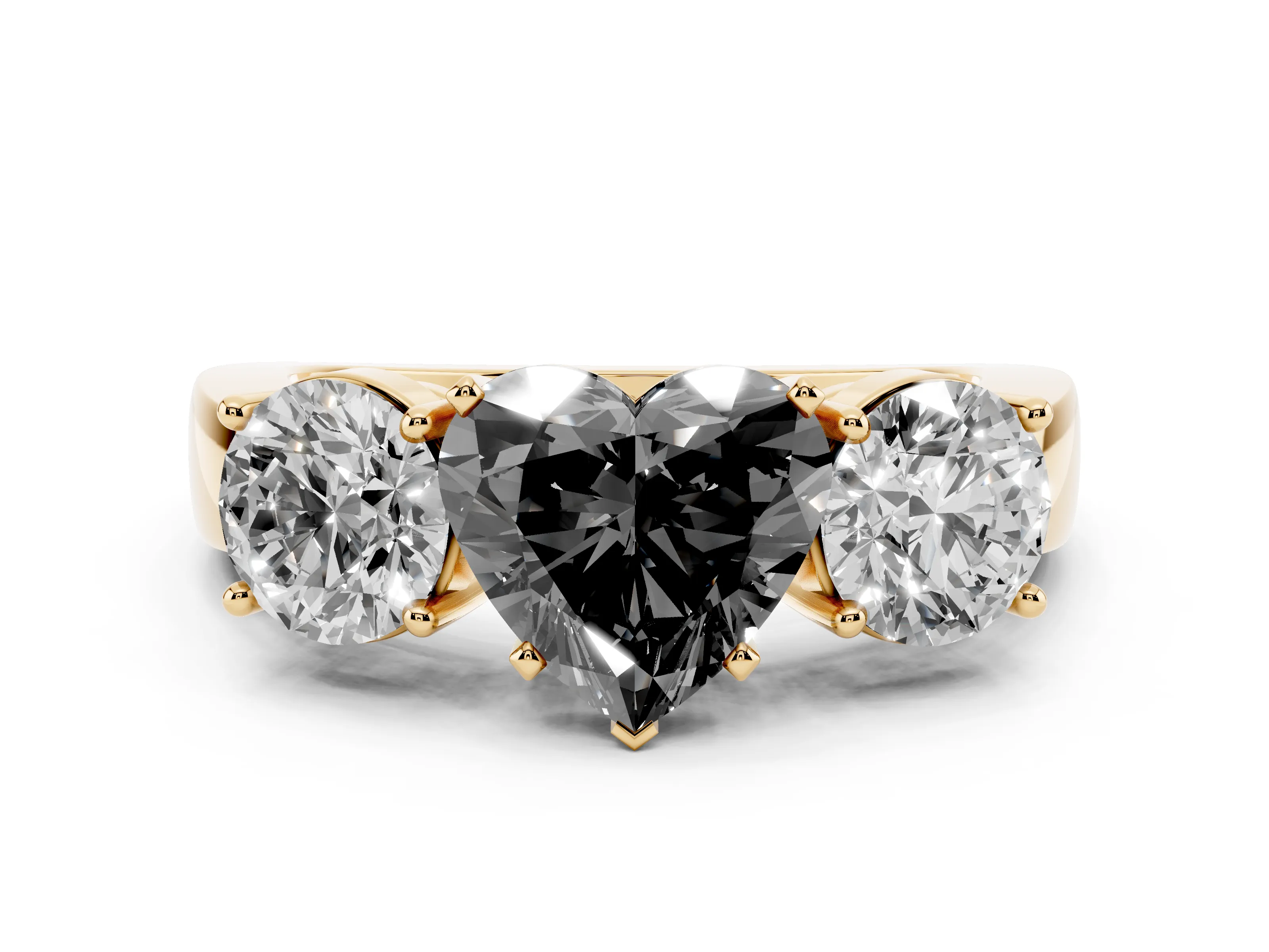 Fancy Black Heart Cut Diamond Three-Stone Ring Set in Yellow gold with Round Side Stones and Classic Band