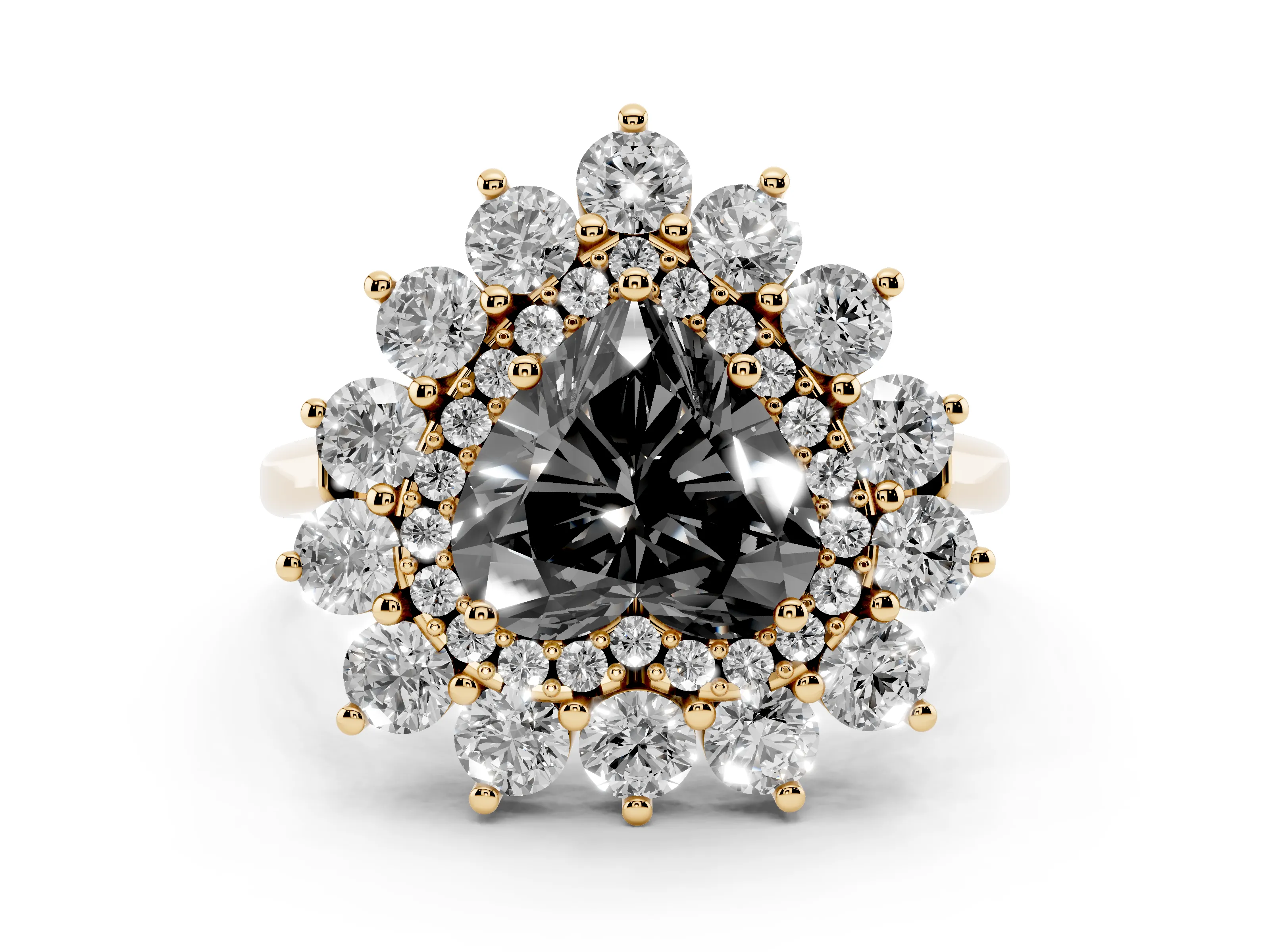Fancy Black Heart Cut Diamond Floral Double Halo Ring Set in Yellow gold with Round Petals