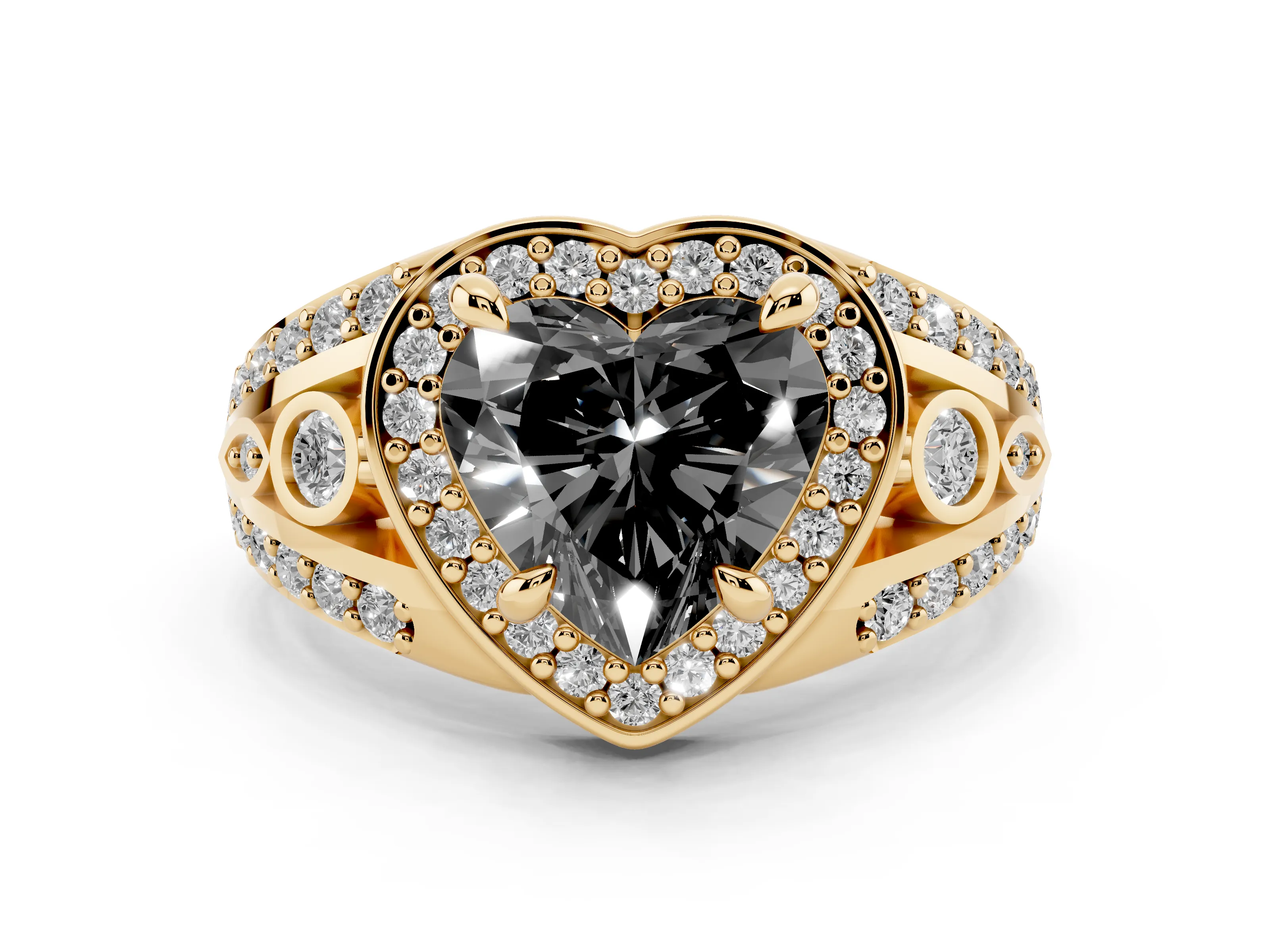 Fancy Black Heart Cut Diamond Halo Ring Set in Yellow gold with Pavé Split Shank and Bezel Accents