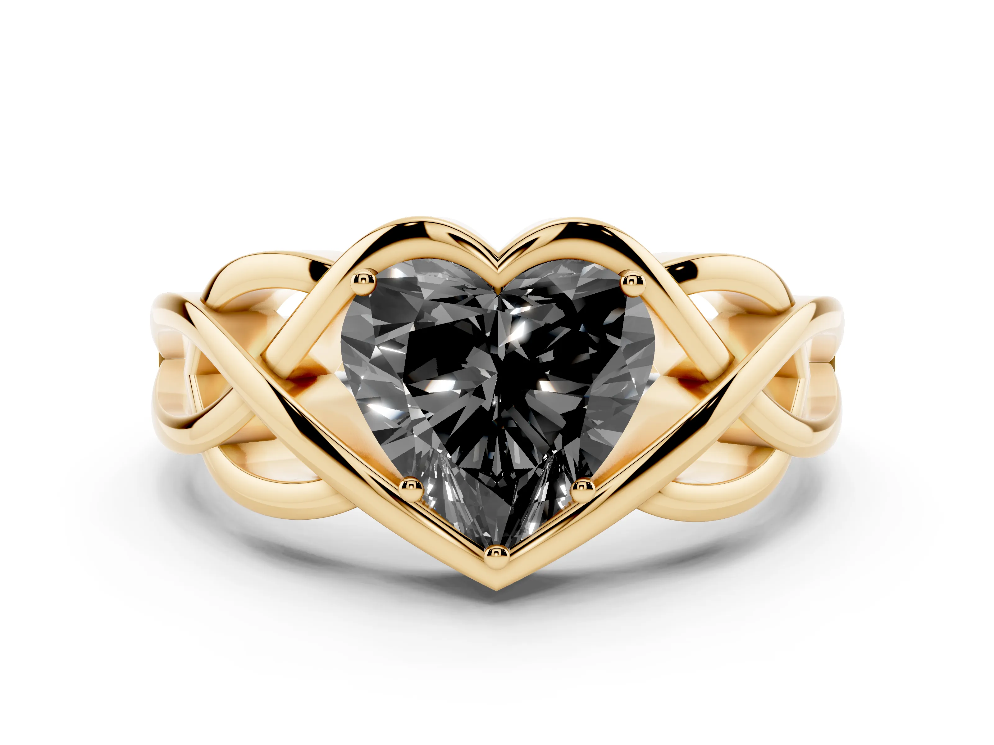 Fancy Black Heart Cut Diamond Solitaire Ring Set in Yellow gold with Intertwined Band