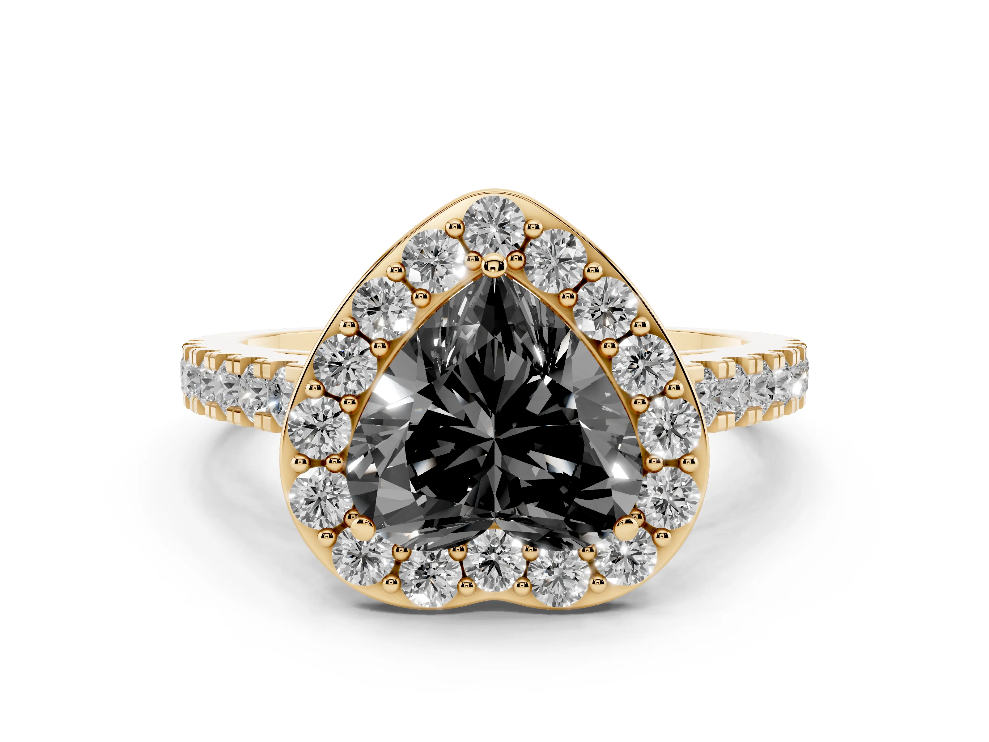 Fancy Black Heart Cut Diamond Halo Ring Set in Yellow gold with Round Pavé Split Shank and Prong Setting