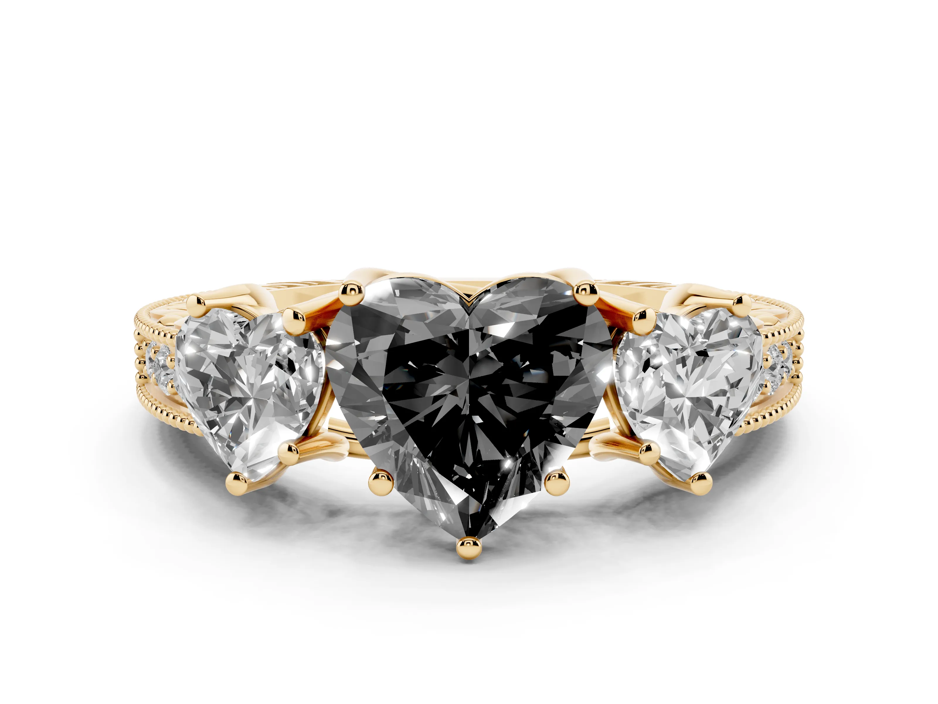 Fancy Black Heart Cut Diamond Three-Stone Engagement Ring Set in Yellow gold with Milgrain Pavé Band