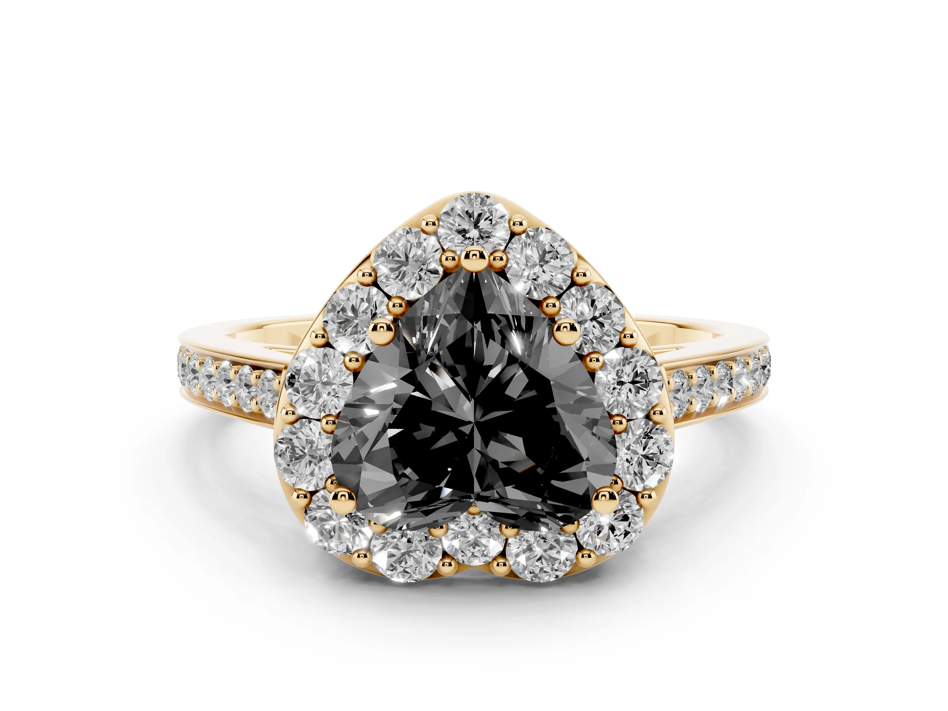 Fancy Black Heart Cut Diamond Floral Halo Ring Set in Yellow gold with Pavé Band and Prong Setting