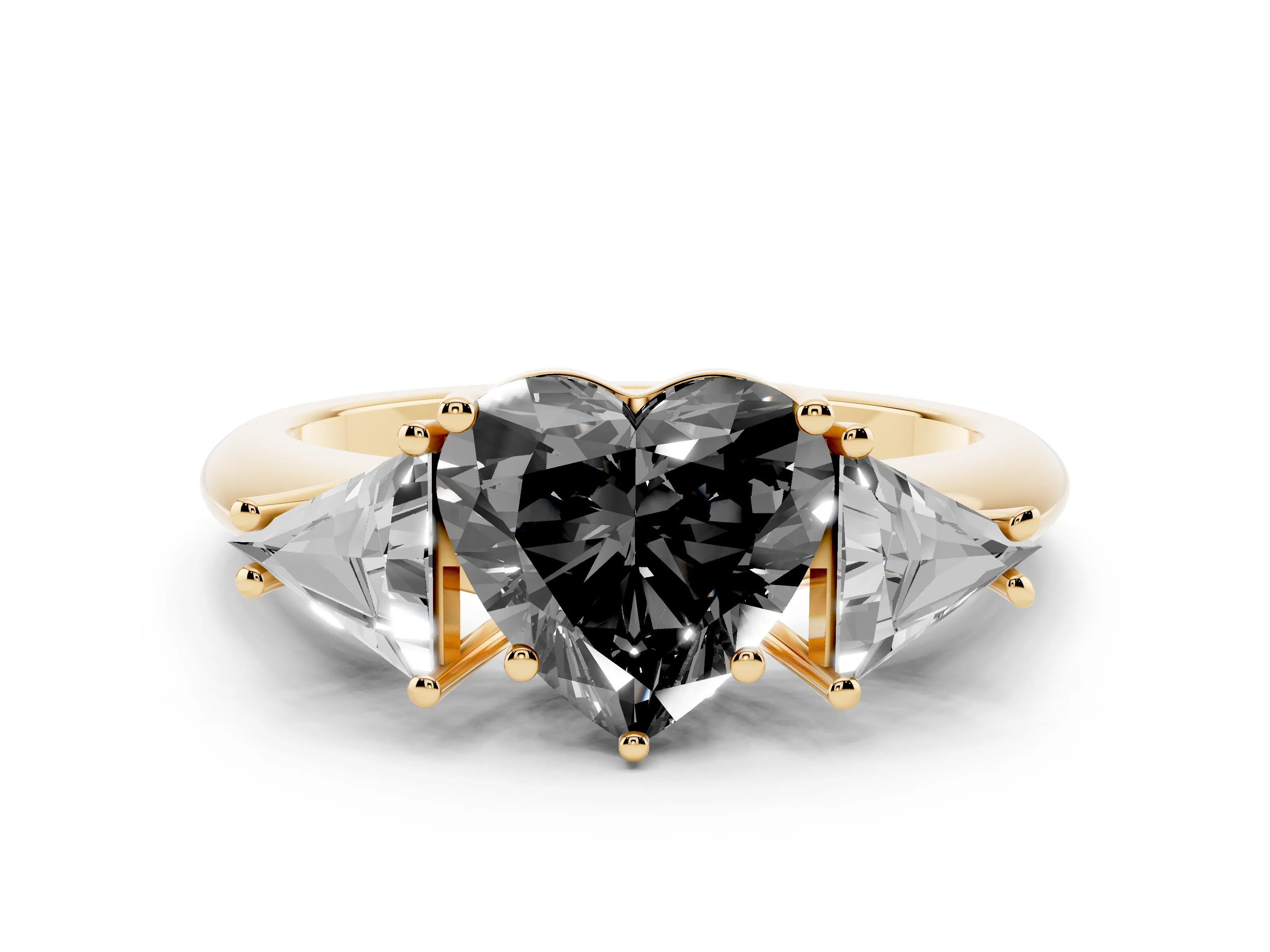 Fancy Black Heart Cut Diamond Three-Stone Engagement Ring Set in Yellow gold with Trillion Side Stones